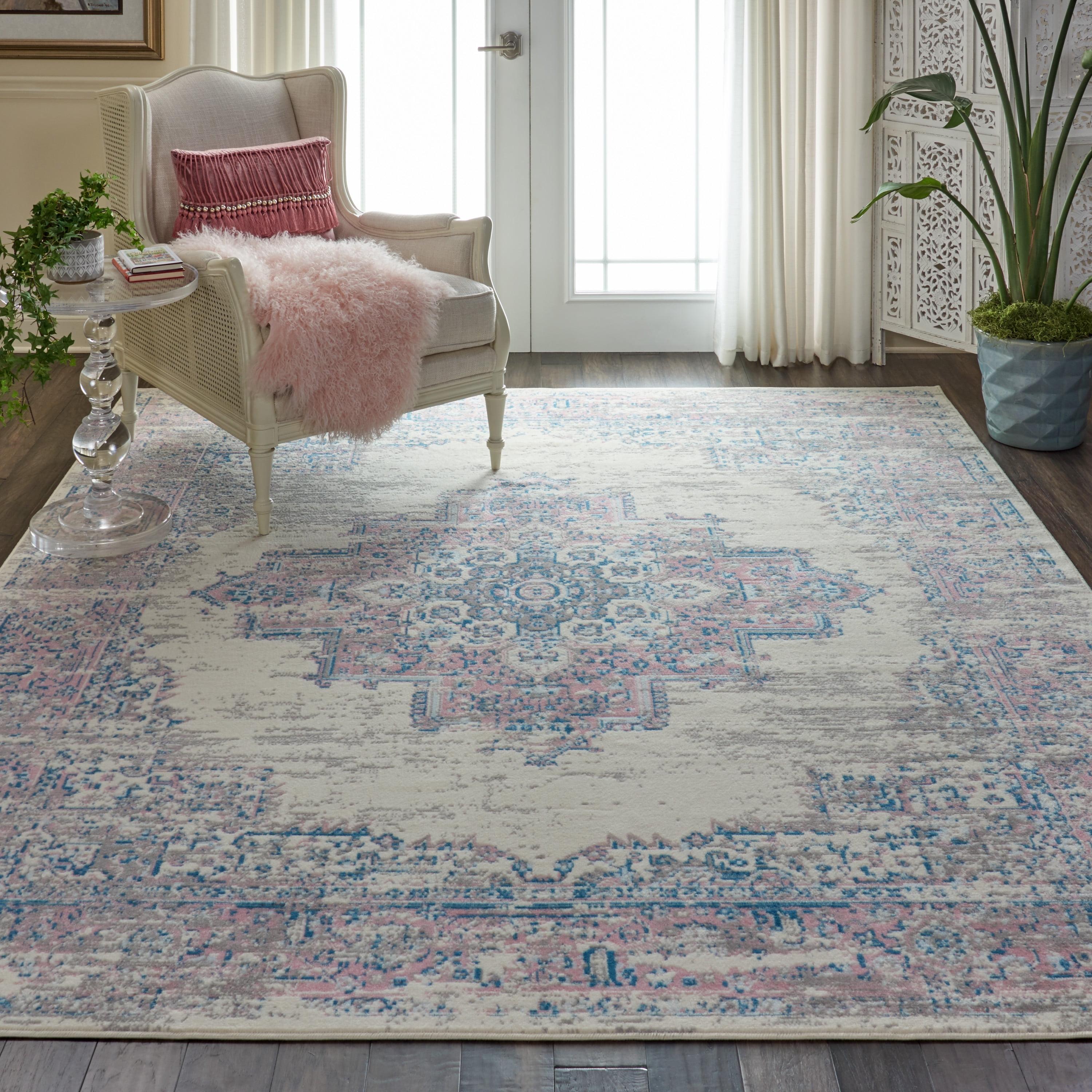 Ivory and Pink Medallion Hand-Knotted Round Area Rug, Synthetic 8'6" x 12'