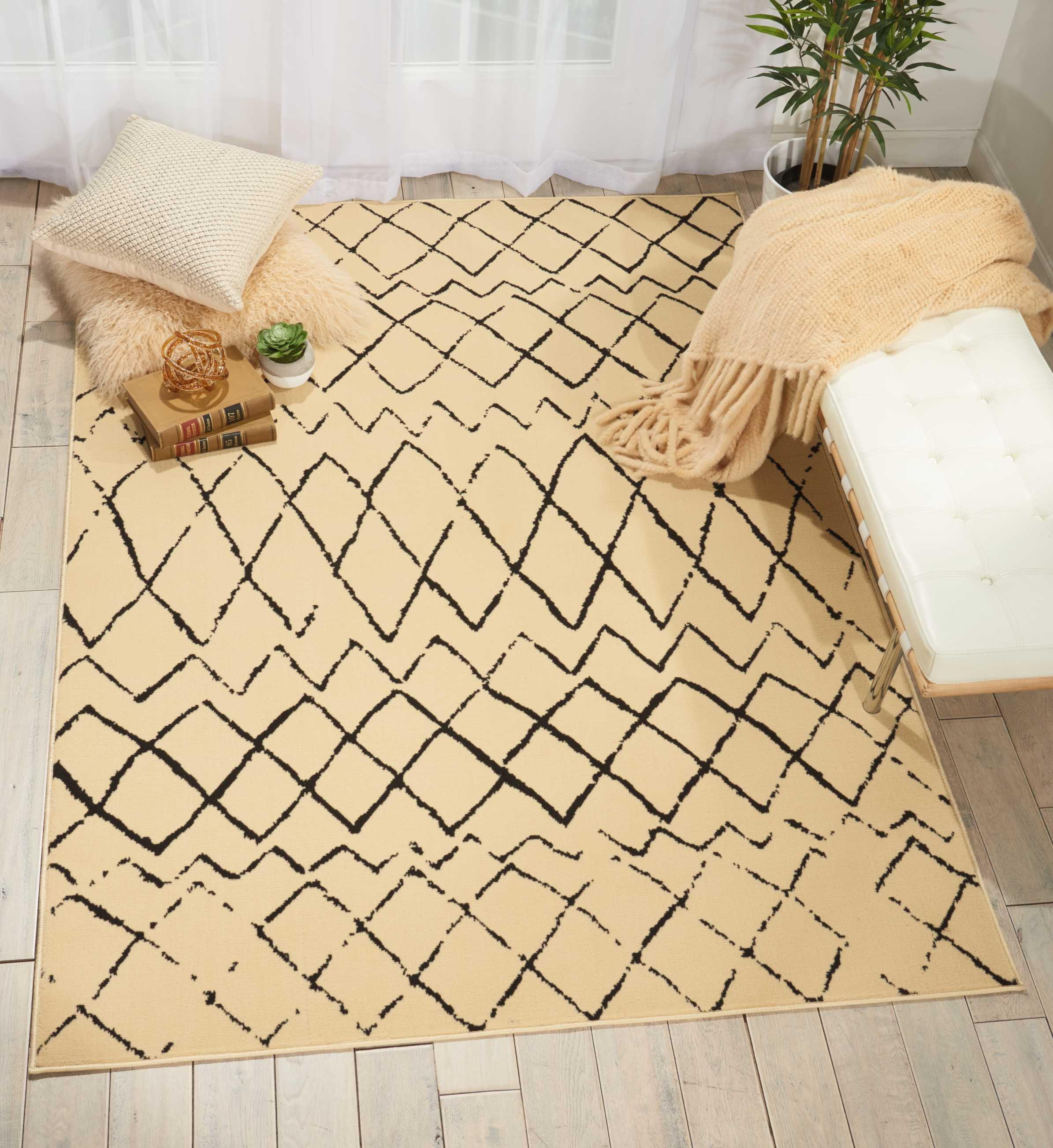 Tribal Cream and Black Geometric 5' x 7' Area Rug