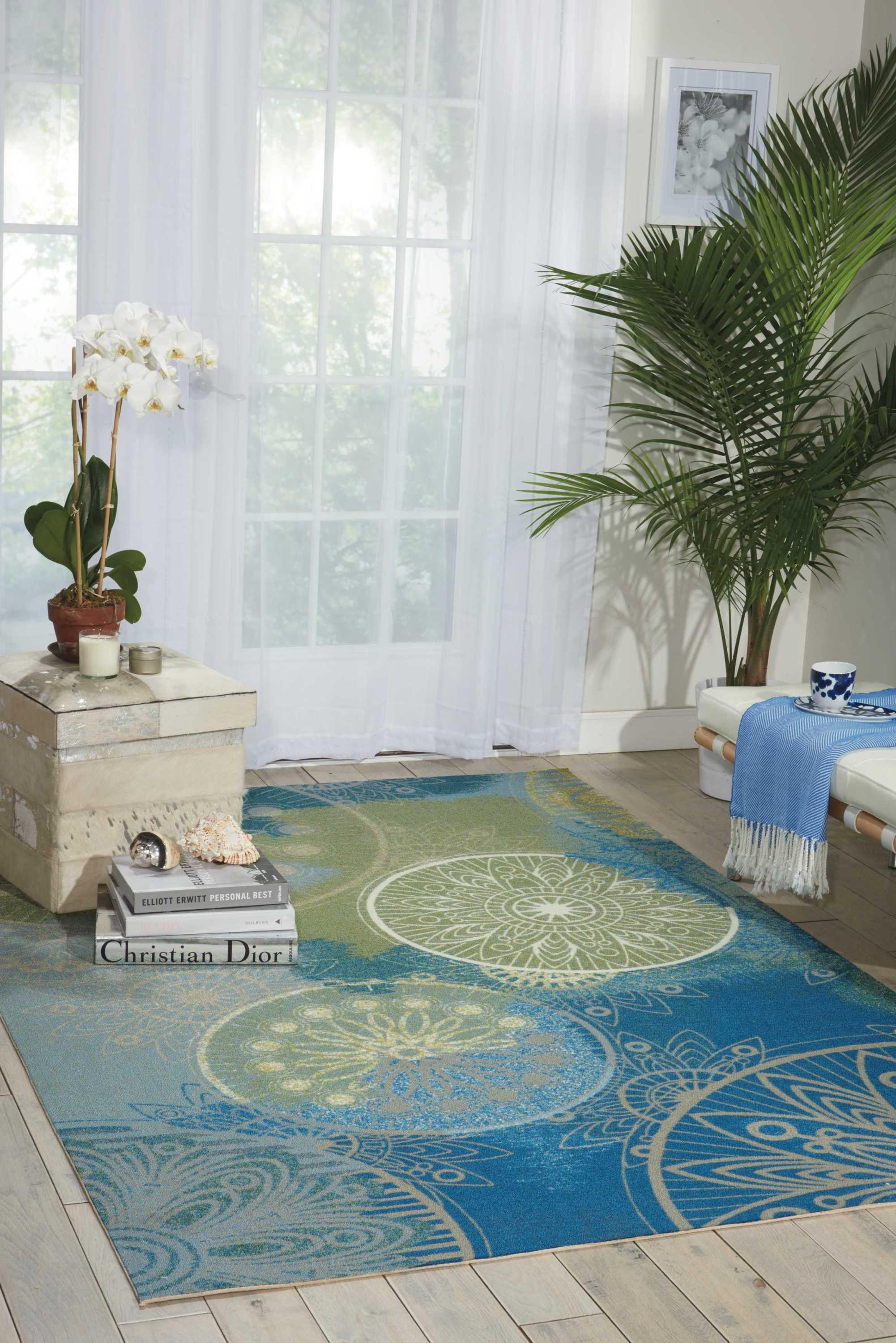 Blue Floral Synthetic Easy Care Indoor/Outdoor Area Rug