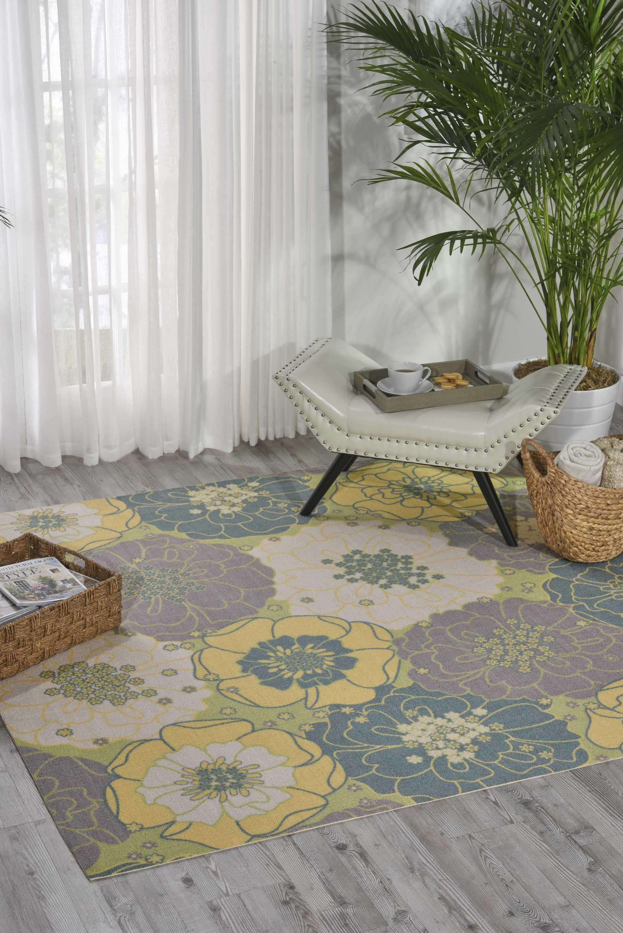 Blossom Bliss Green Floral 63'' Square Indoor/Outdoor Easy Care Rug