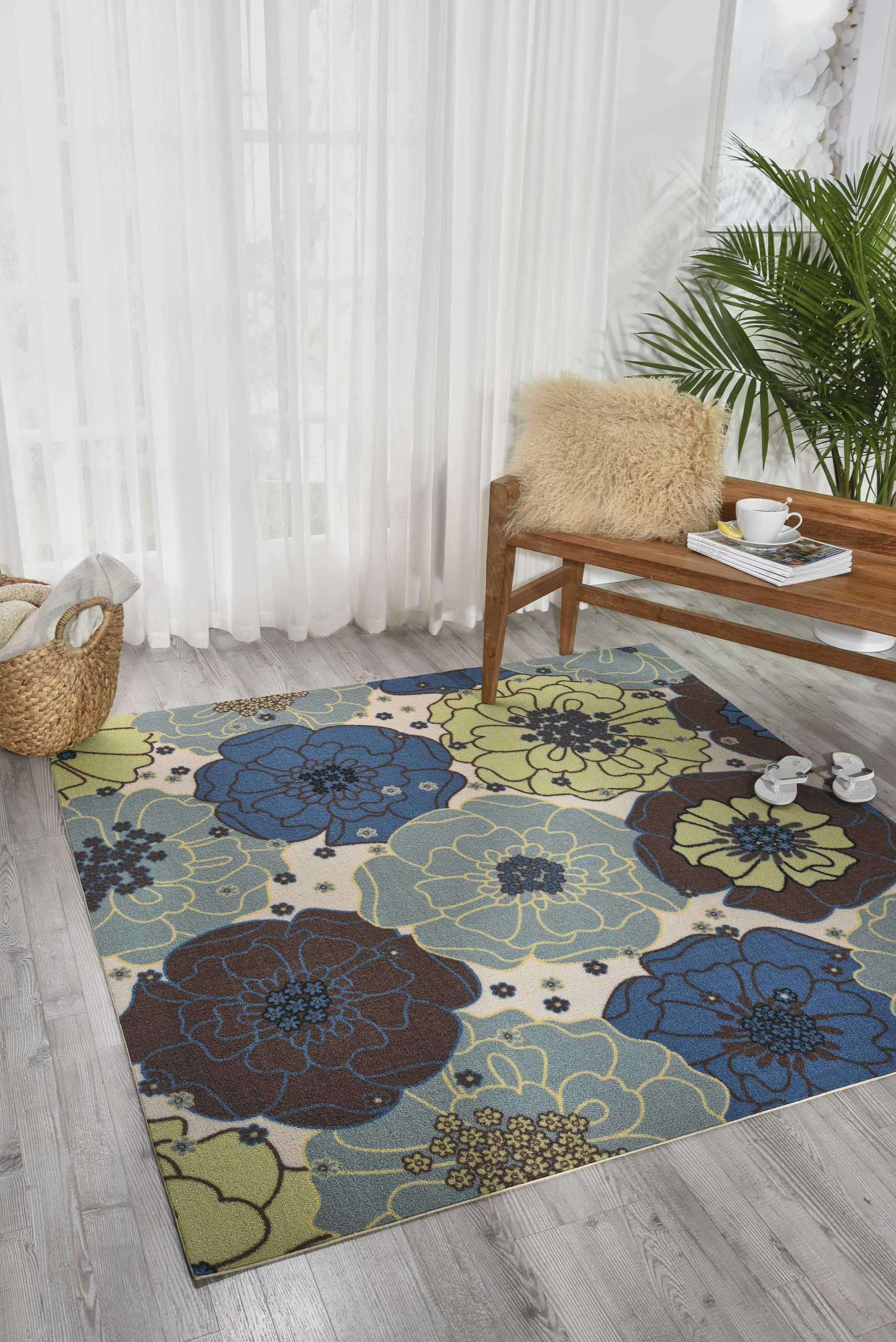 Light Blue Floral Synthetic Square Indoor/Outdoor Rug