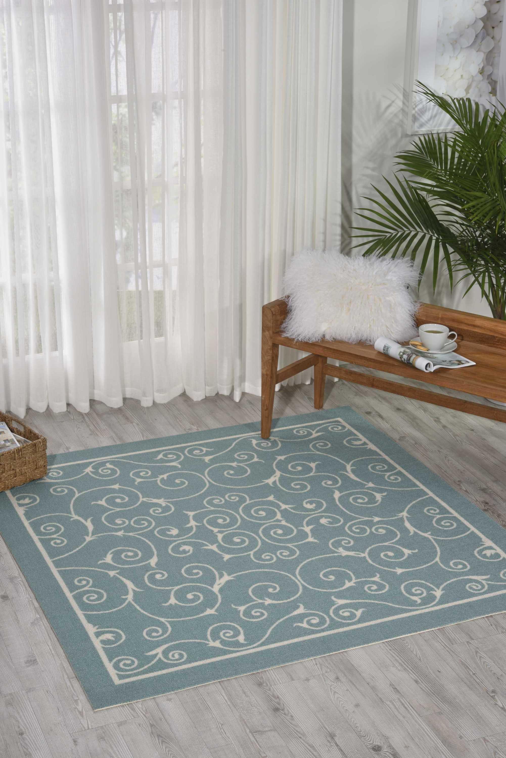 Luxe Light Blue Floral Square Synthetic Easy-Care Outdoor Rug 7'9" x 10'10"