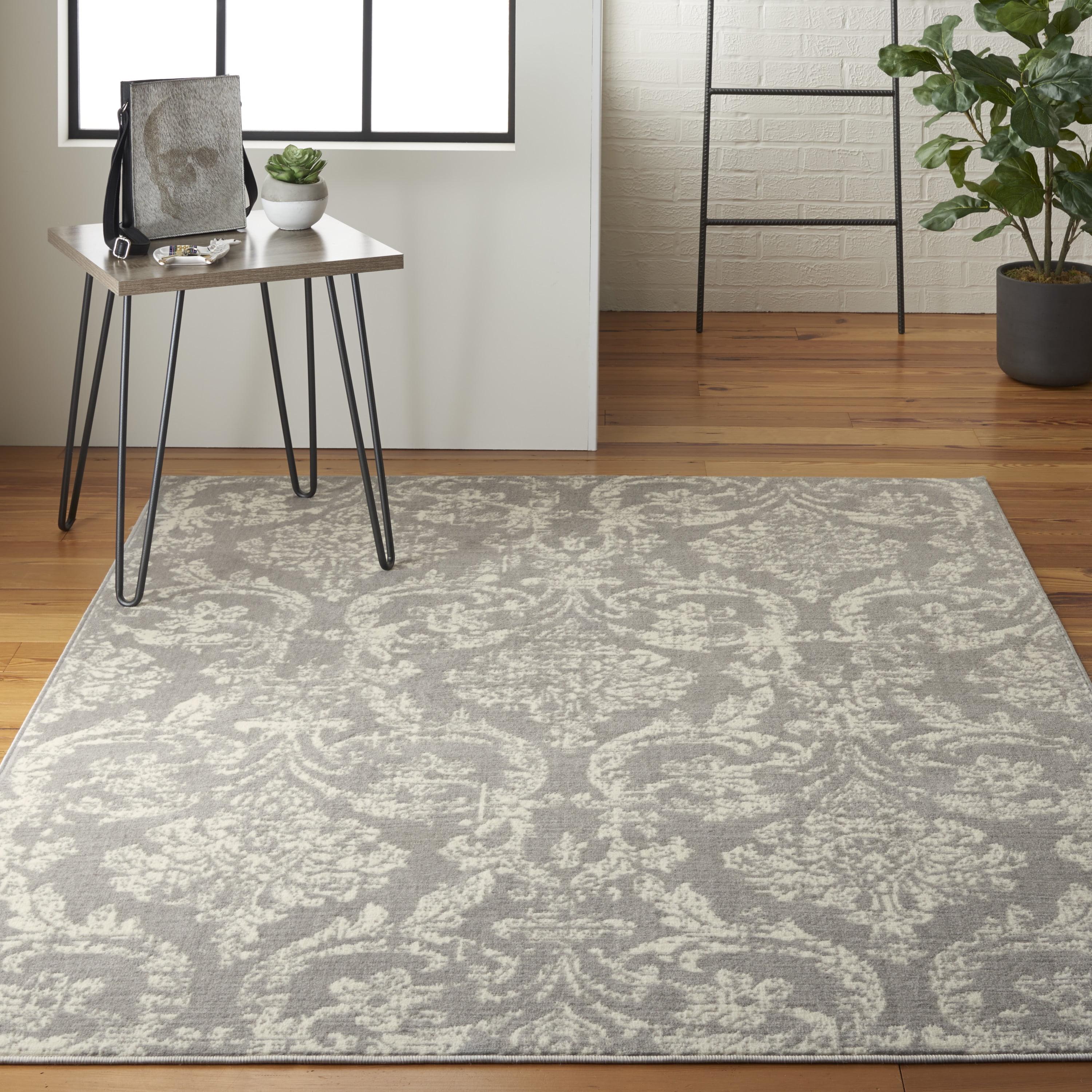 Gray and Ivory Damask 5'3" x 7'3" Synthetic Area Rug