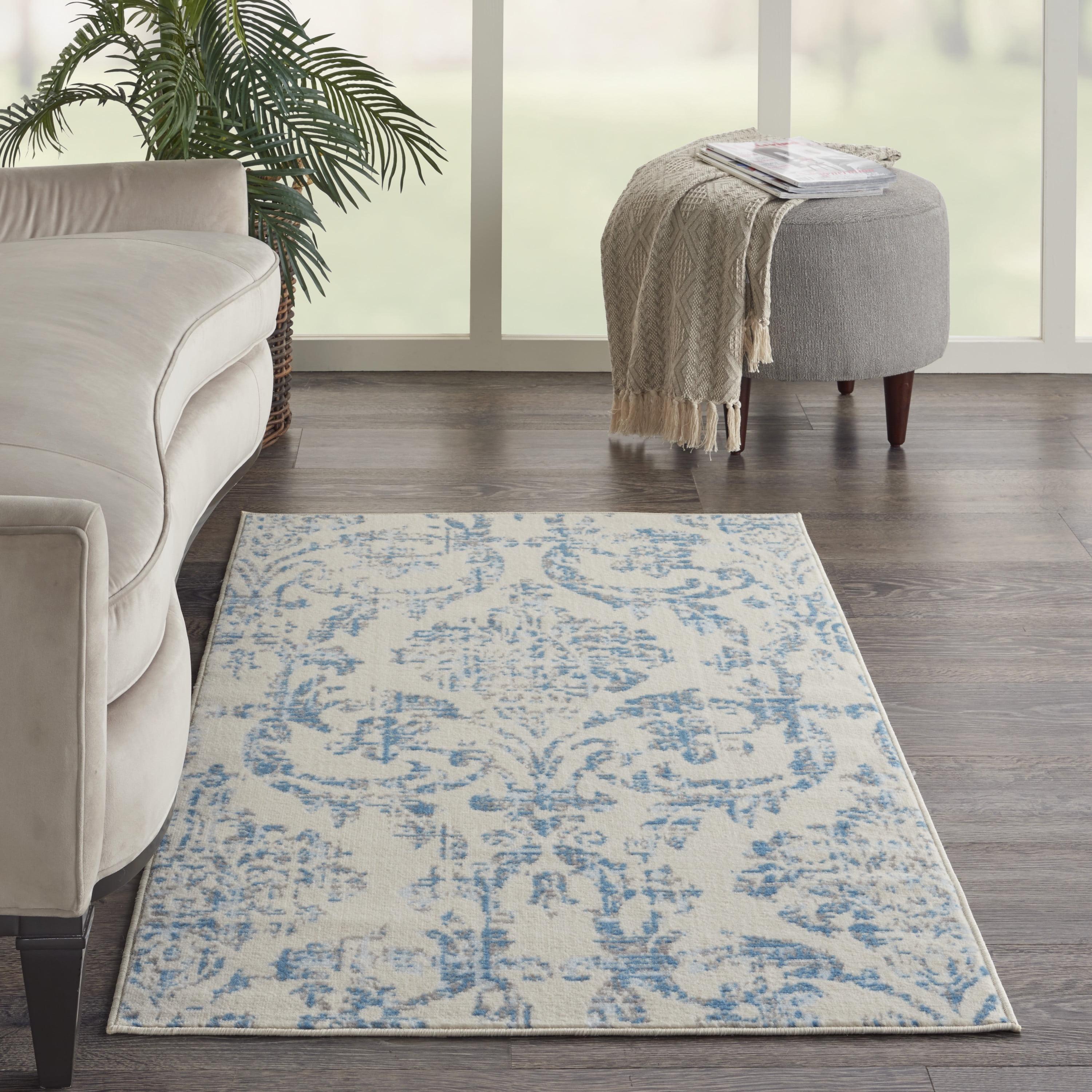 Ivory and Blue Distressed Damask 3' x 5' Area Rug