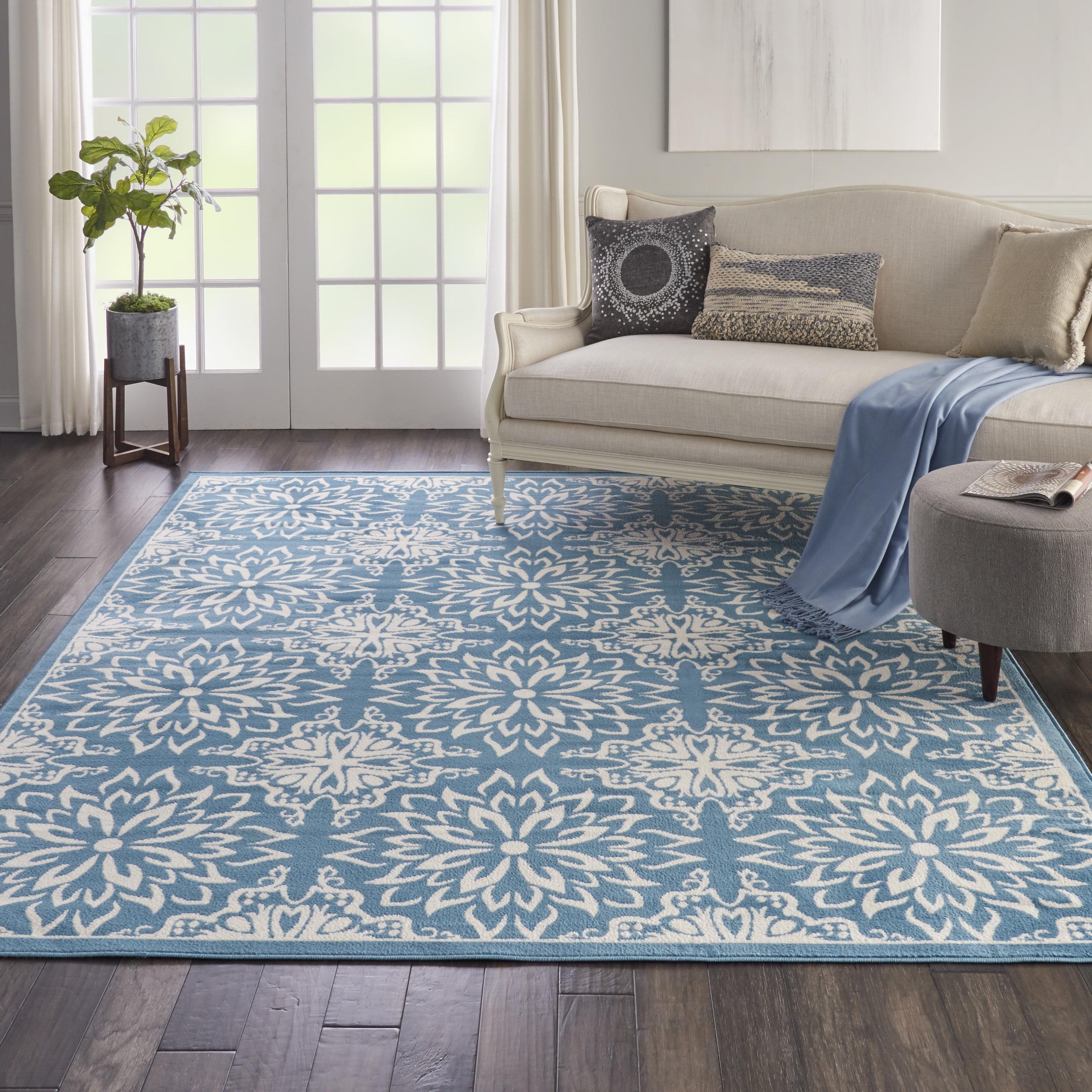 Elegant Ivory & Blue Floral Viscose 7'10" x 9'10" Area Rug