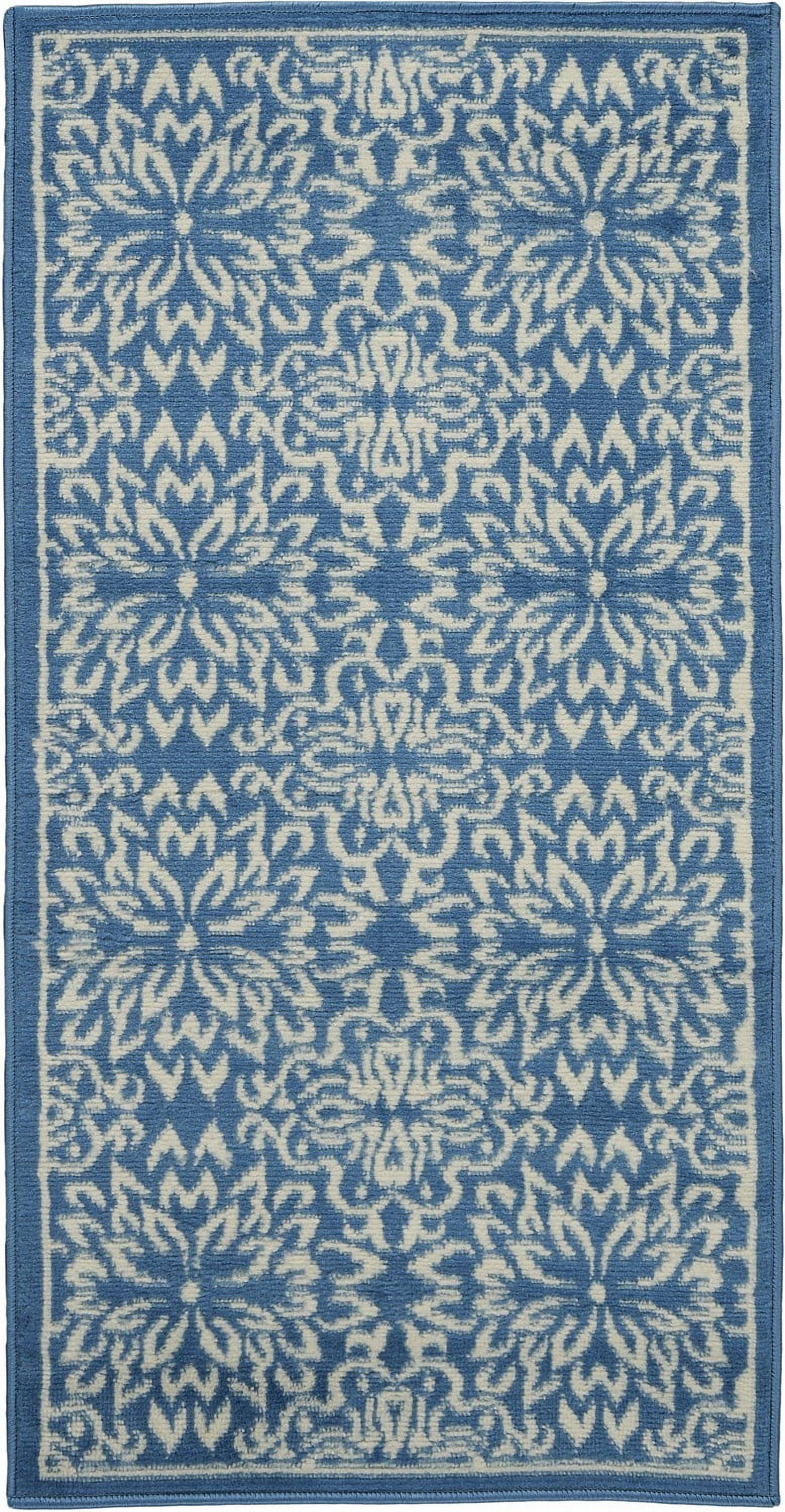 Ivory & Blue Floral Hand-Knotted Viscose Area Rug, 2' x 4'