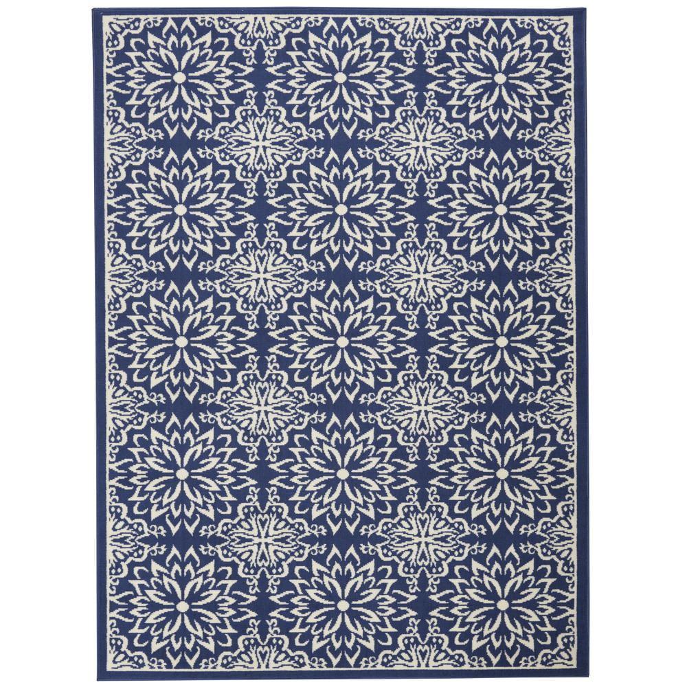 Navy and Ivory Floral Synthetic Rectangular Area Rug 5'3" x 7'3"