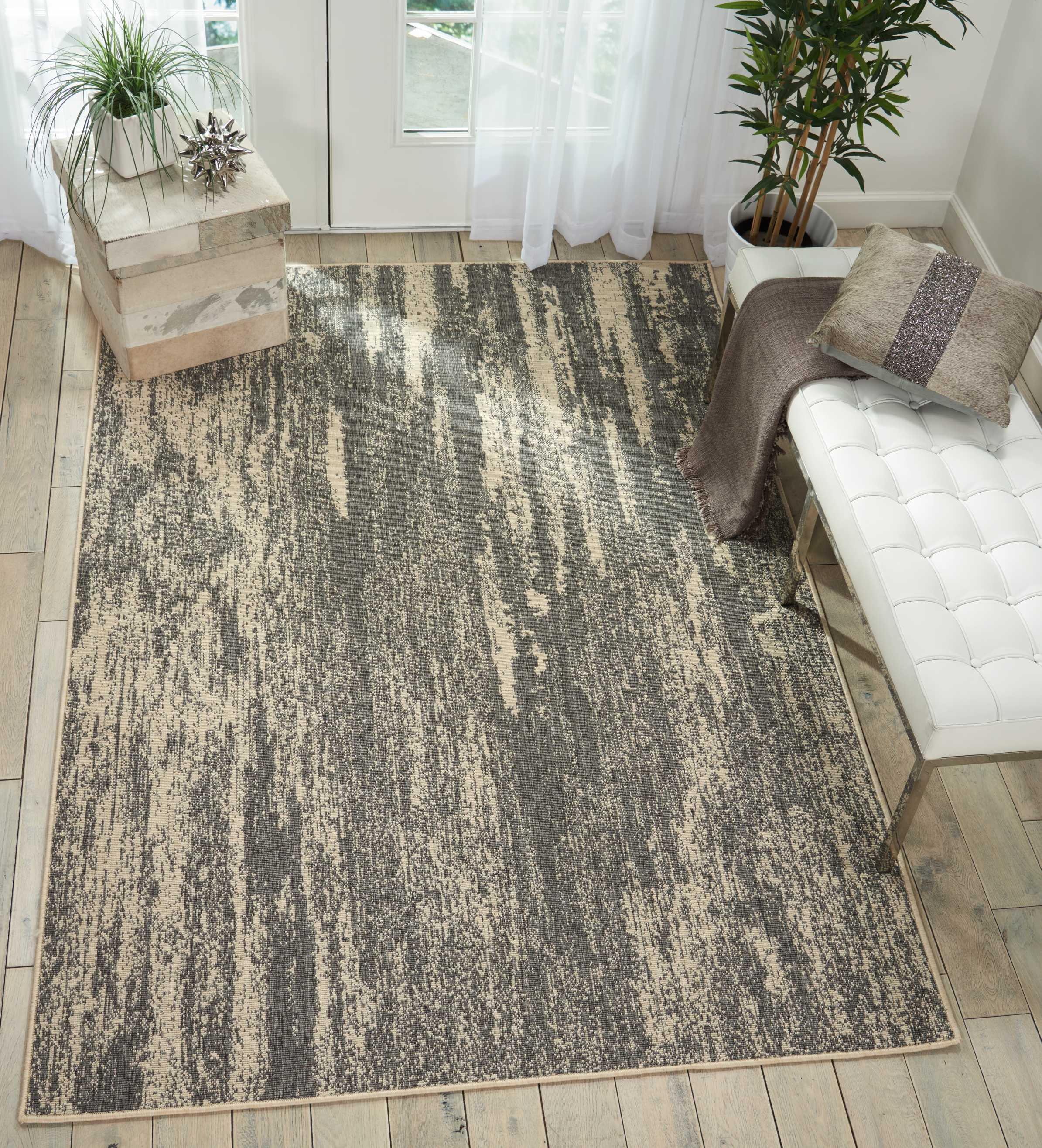 Grey and Cream Abstract Flat Woven Synthetic Rug, 9'3" x 12'9"