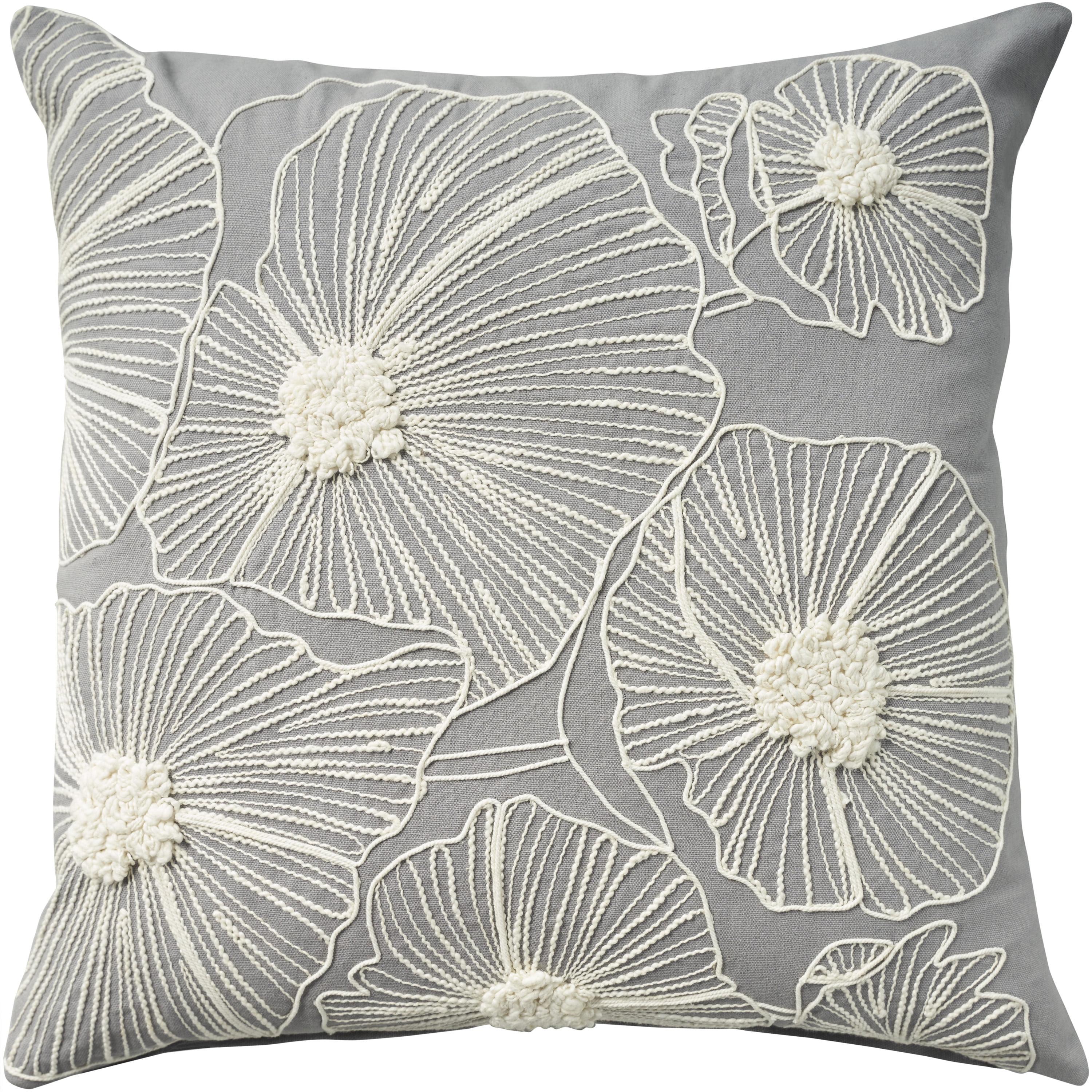 Gray Cotton Embroidered Floral 20" x 20" Throw Pillow Cover