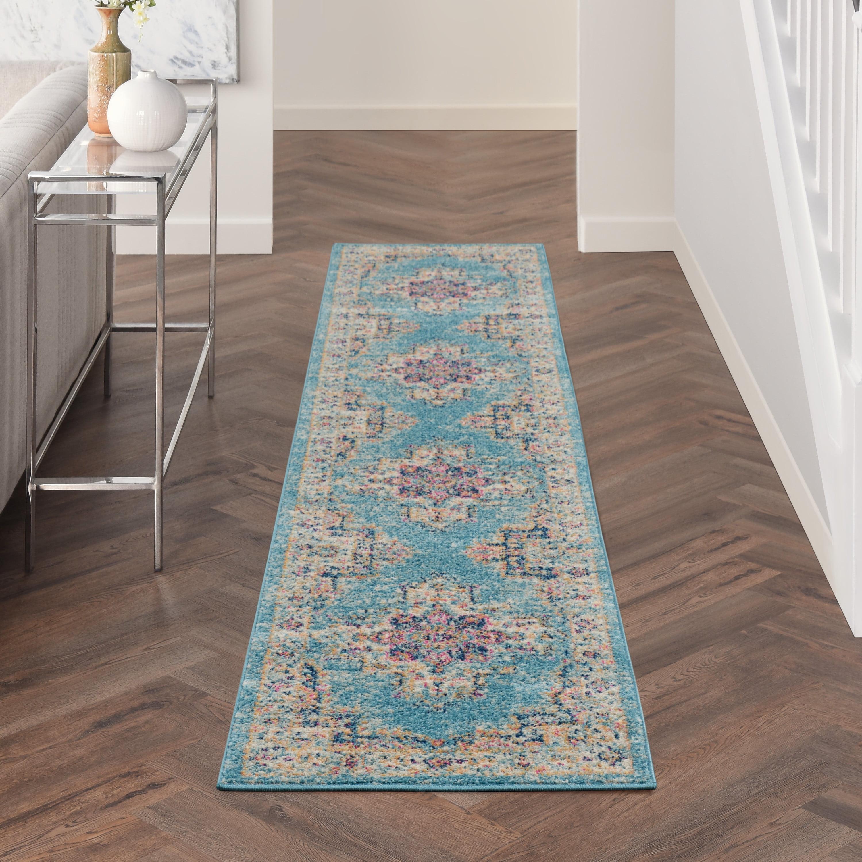 Light Blue Floral Synthetic Runner Rug with Latex Backing