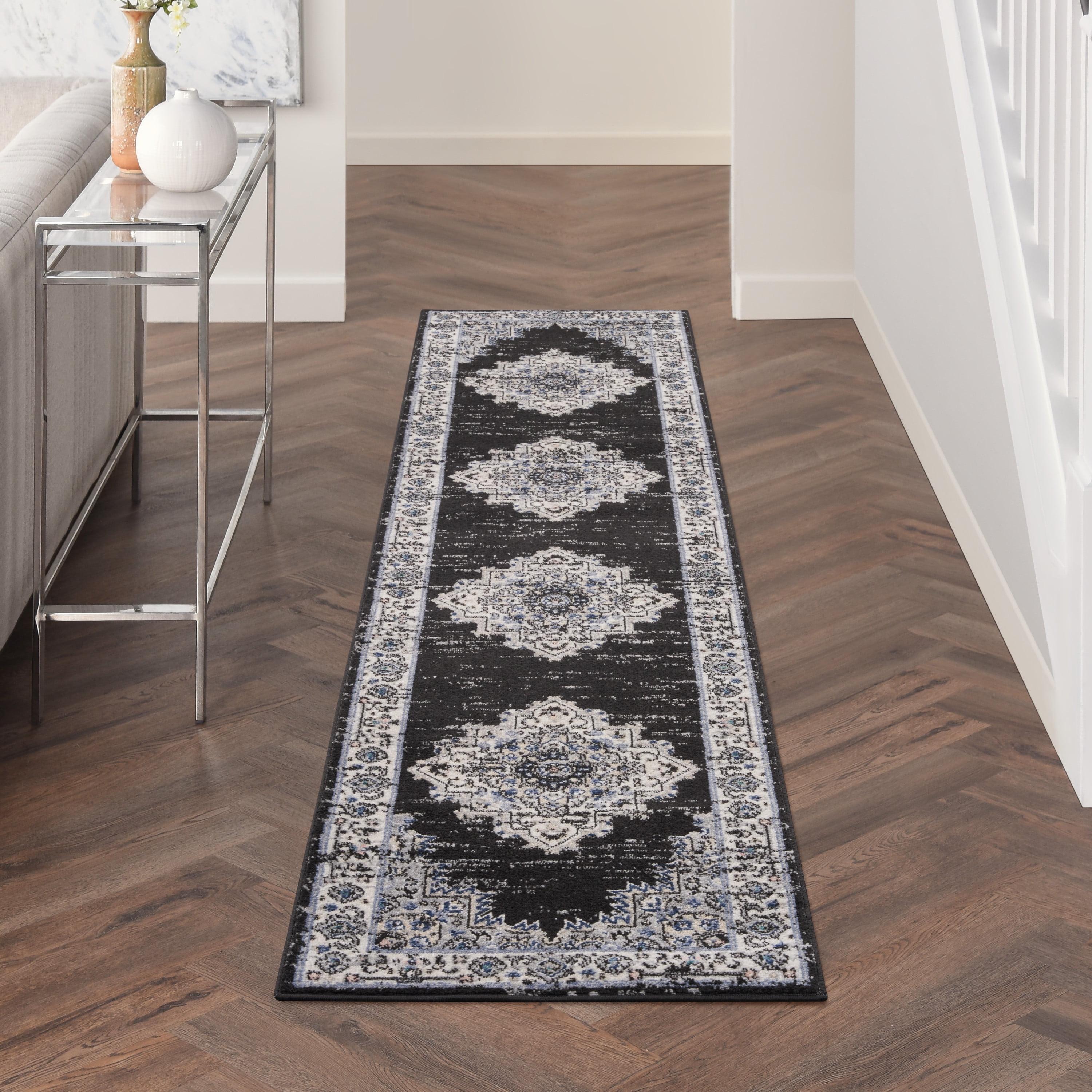 Black Ivory Floral Synthetic Non-slip Runner Rug