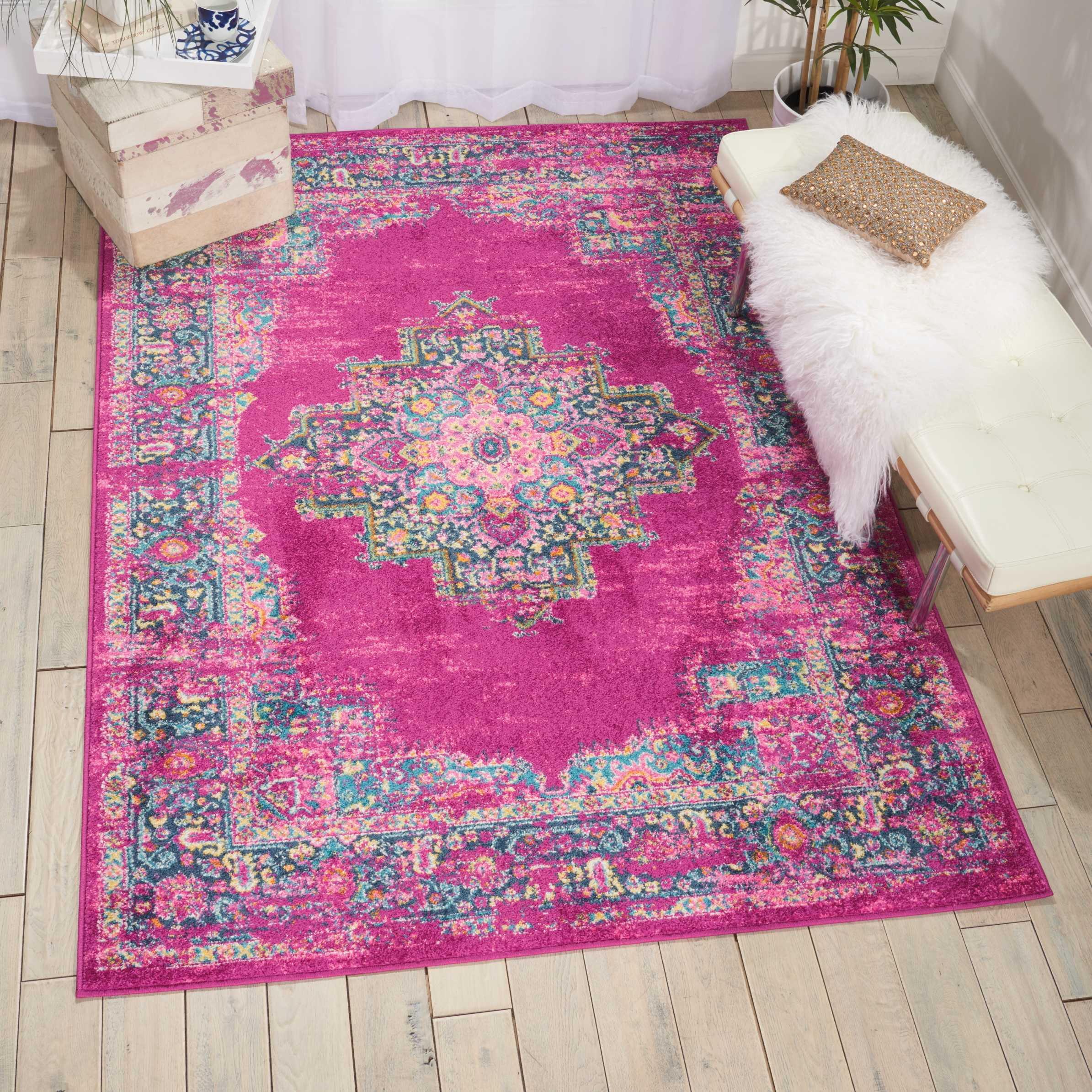 Fuchsia and Blue Geometric Synthetic Small Rug