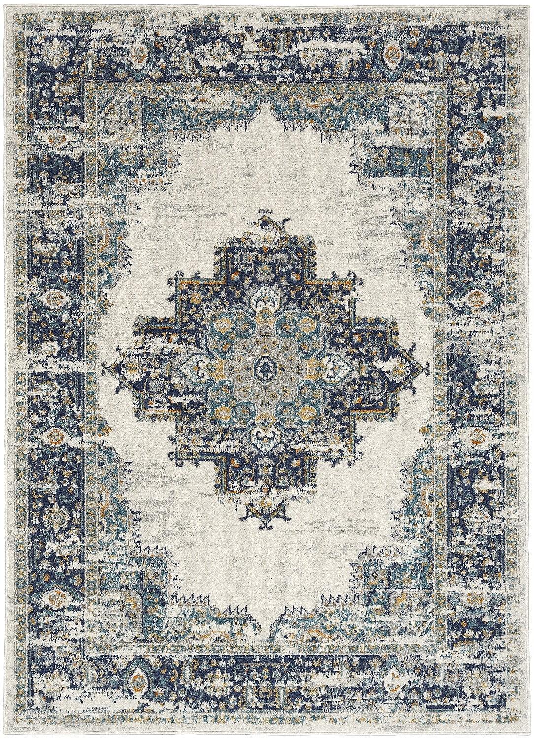 Ivory Grey Blue Floral 8' x 10' Synthetic Area Rug