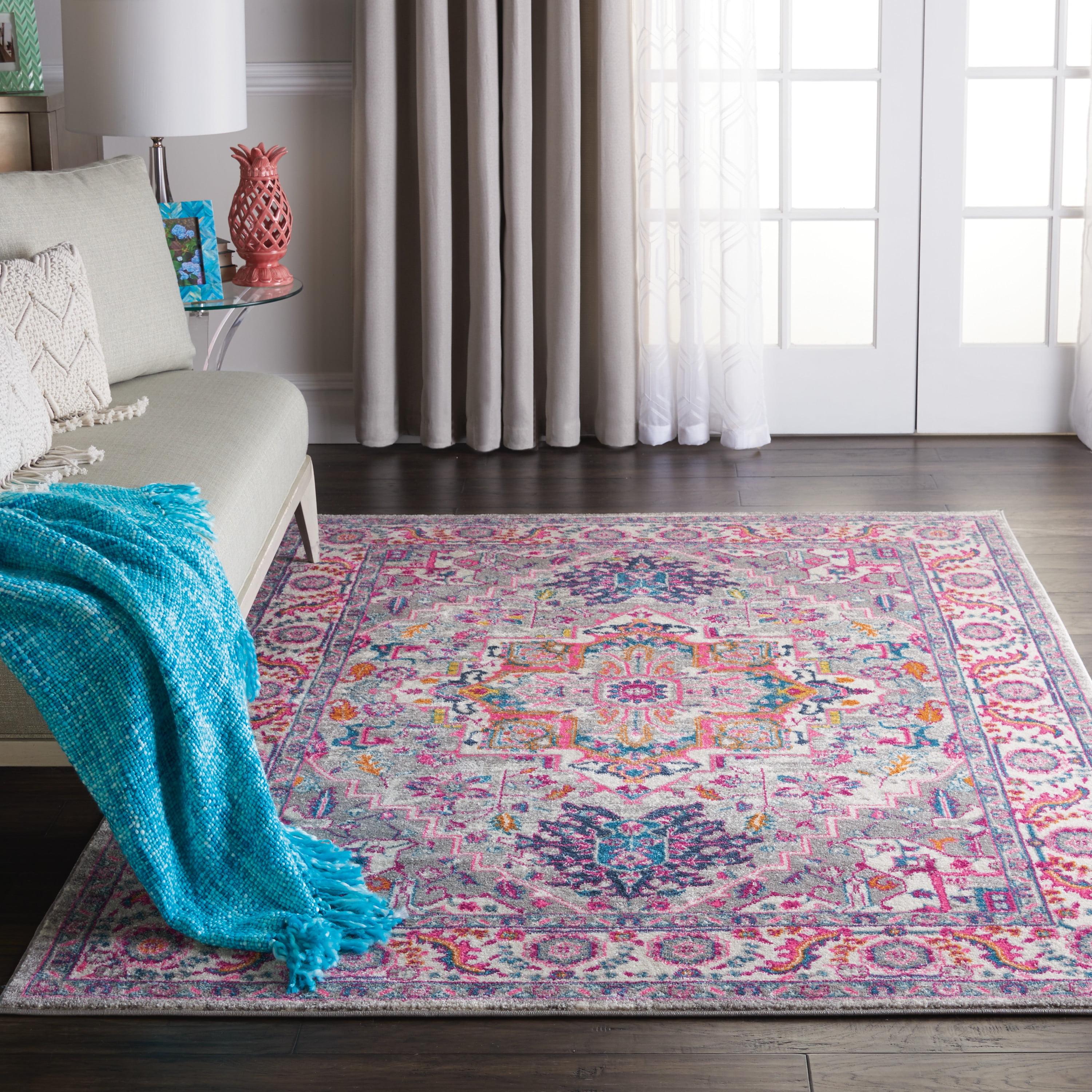 Light Grey and Pink Geometric Medallion Area Rug