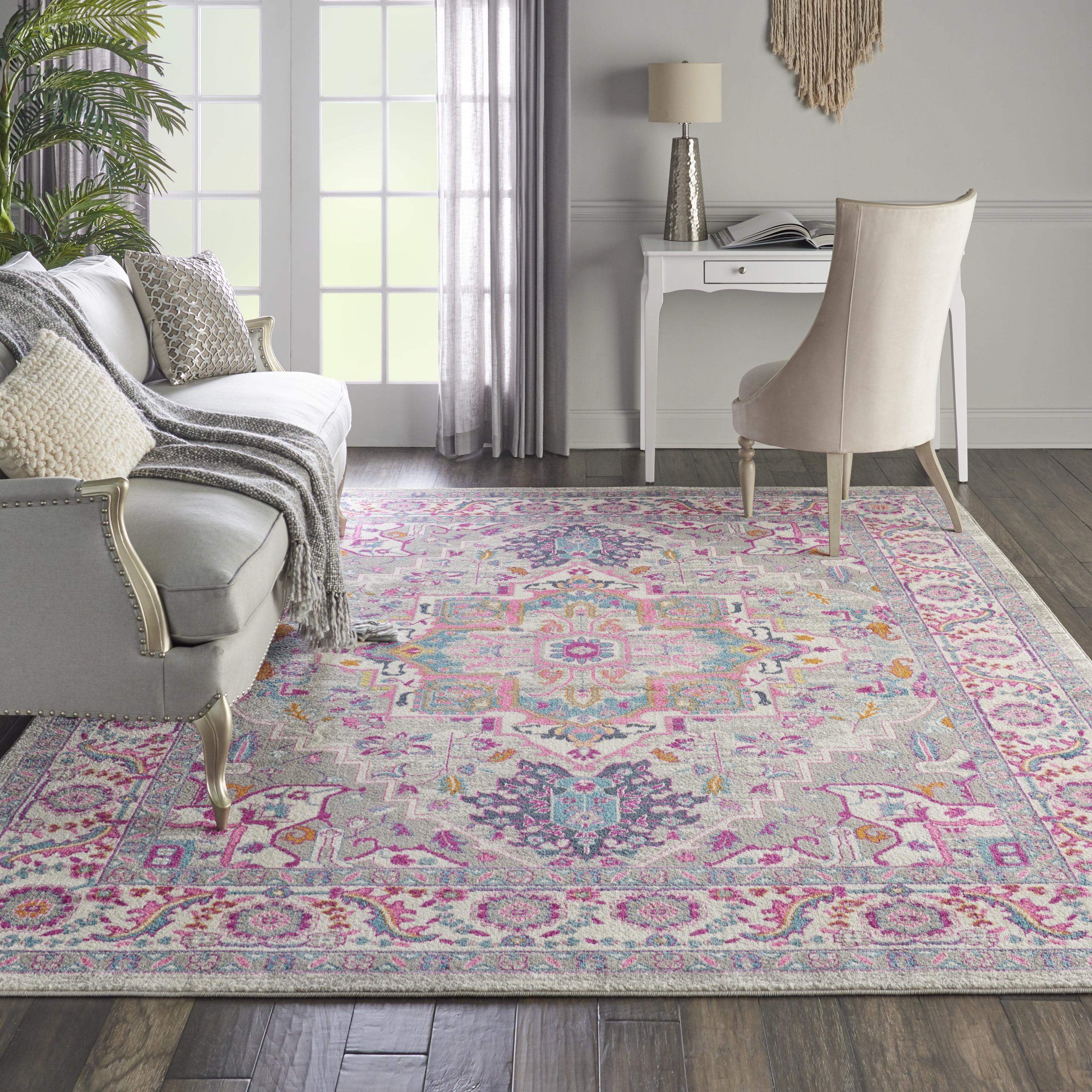 Light Grey and Pink Geometric Synthetic 8' x 10' Area Rug