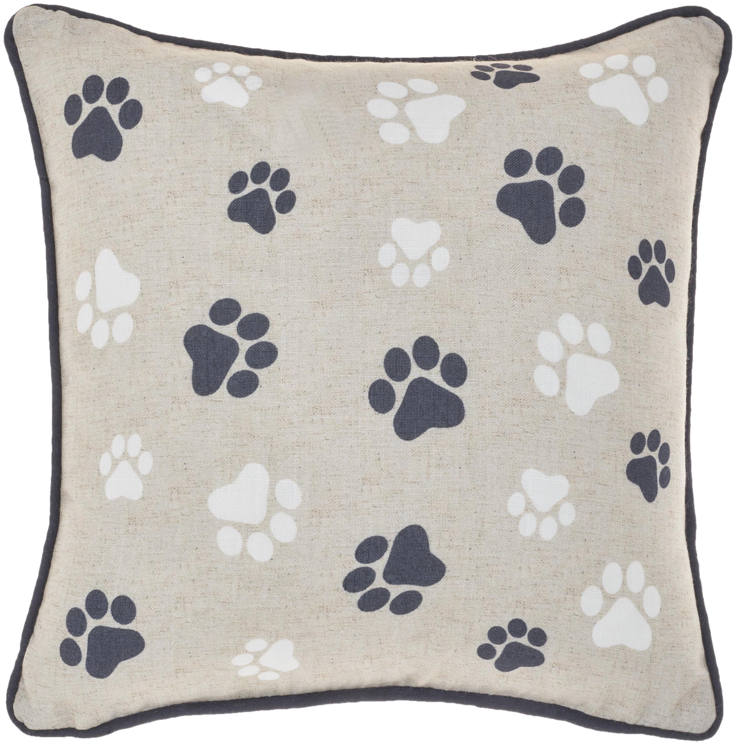 Black and Beige Canvas Paw Print 14" Square Throw Pillow