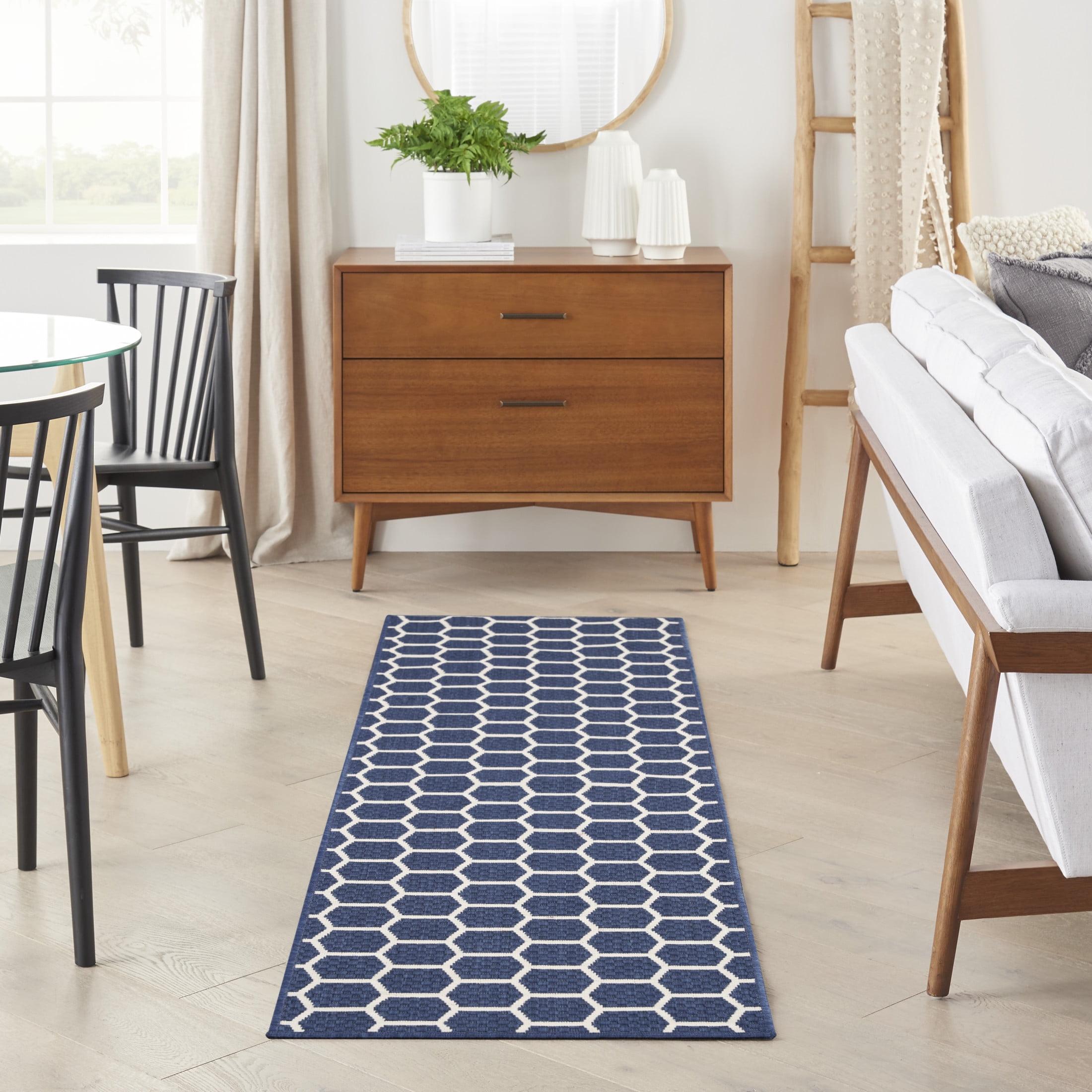 Navy and White Geometric Flat Woven Reversible Runner Rug