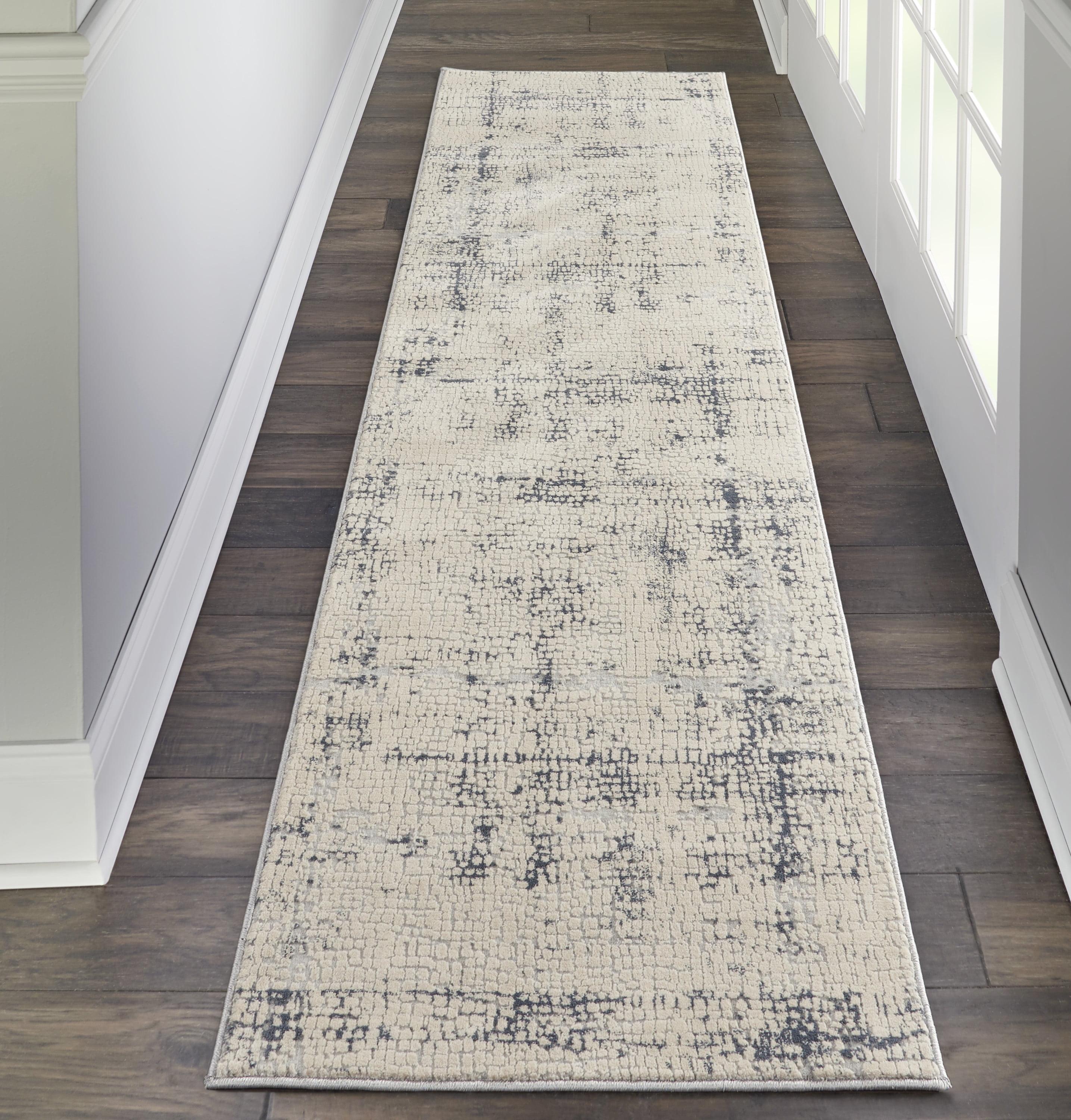 Ivory and Blue Abstract Synthetic 2'2" x 7'6" Area Rug