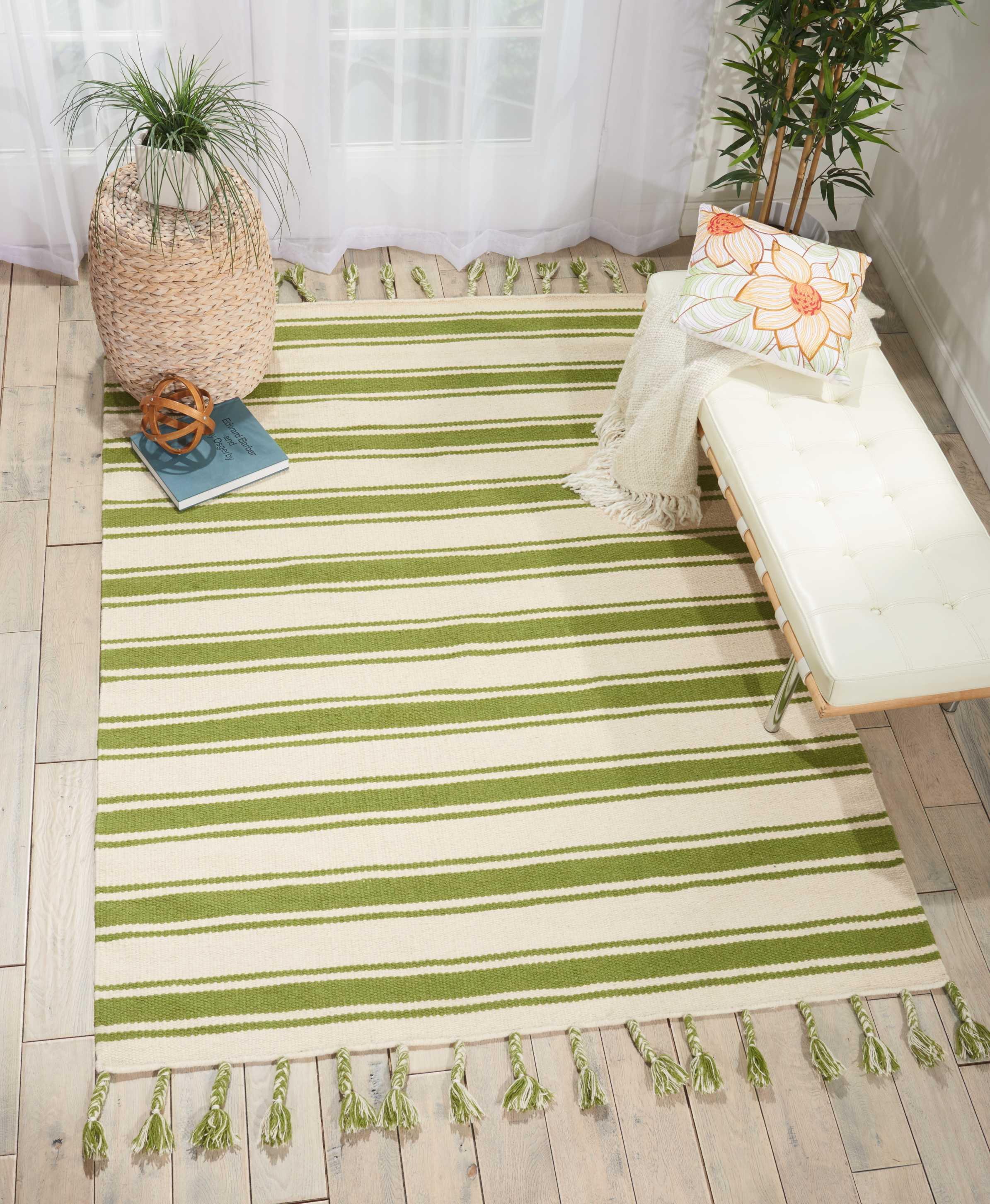 Solano Ivory & Green Striped 5' x 7' Hand Woven Wool Blend Rug