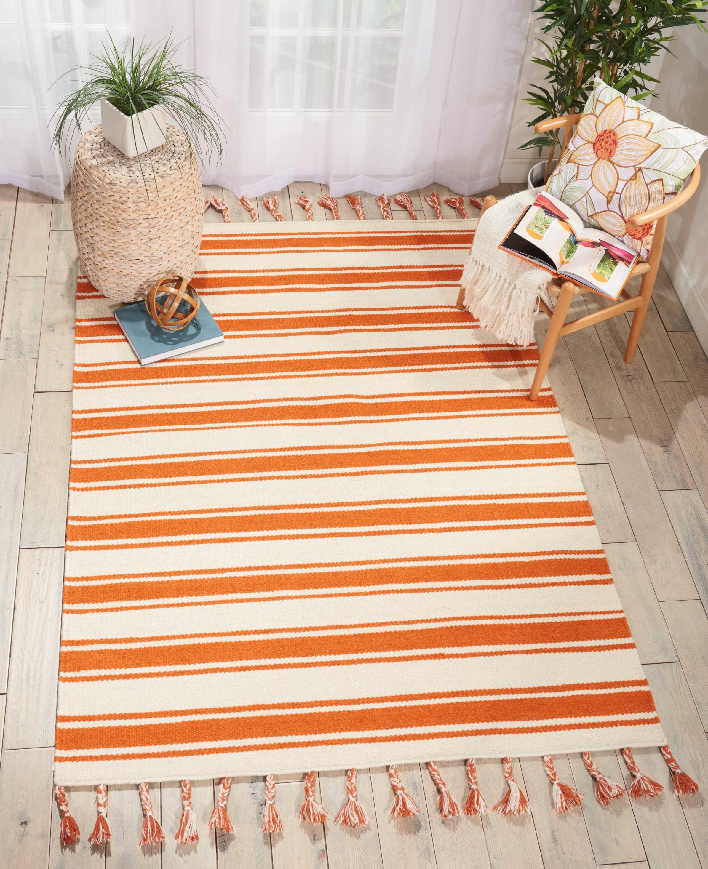 Ivory and Orange Striped 5' x 7'6" Handwoven Wool Area Rug