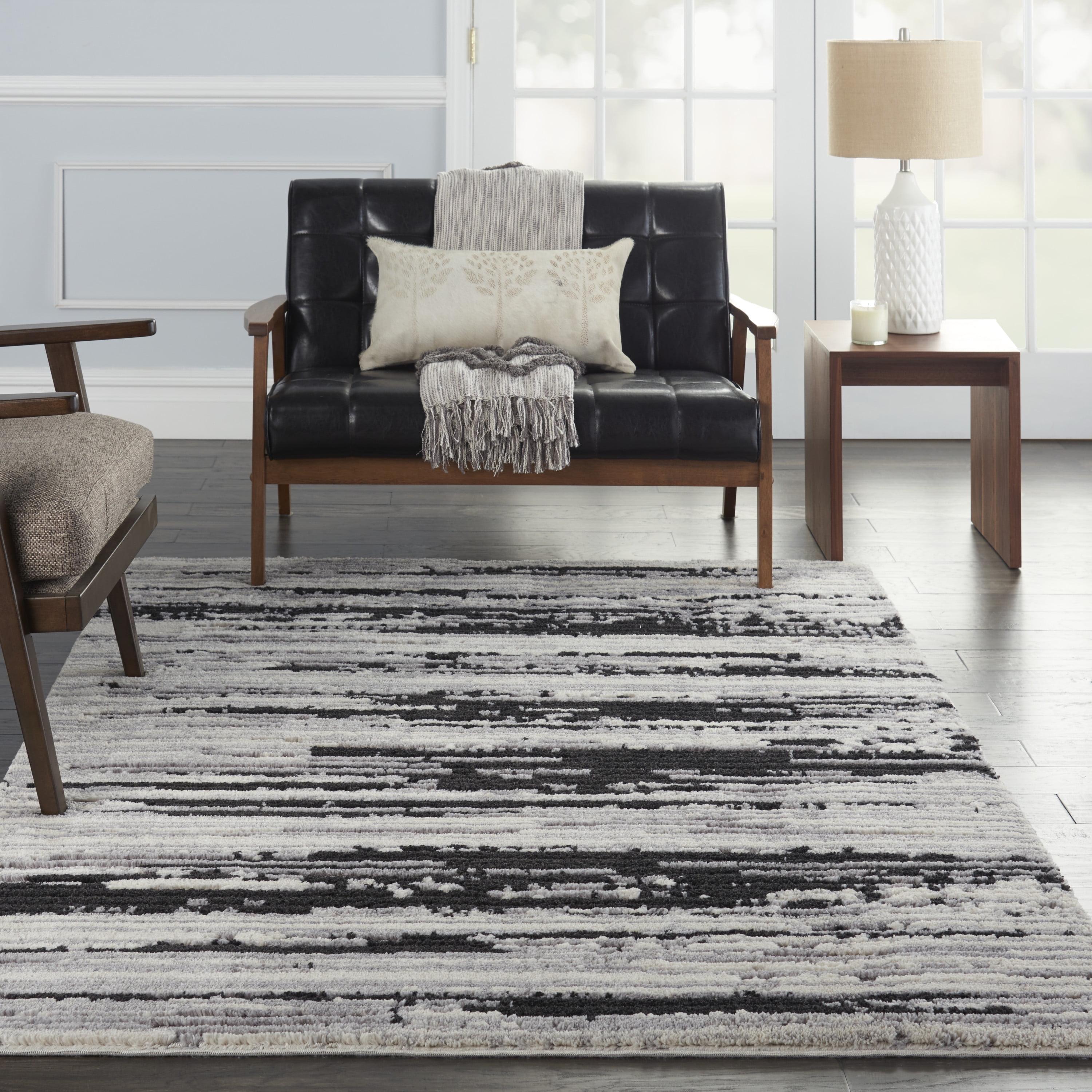 Ivory Charcoal Abstract Hand-Knotted 5'3" x 7'3" Synthetic Area Rug