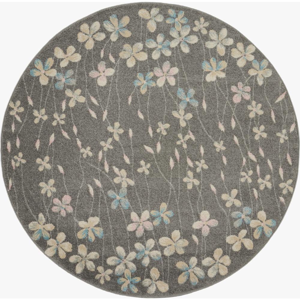 Handmade Round Grey and Beige Floral Synthetic Area Rug