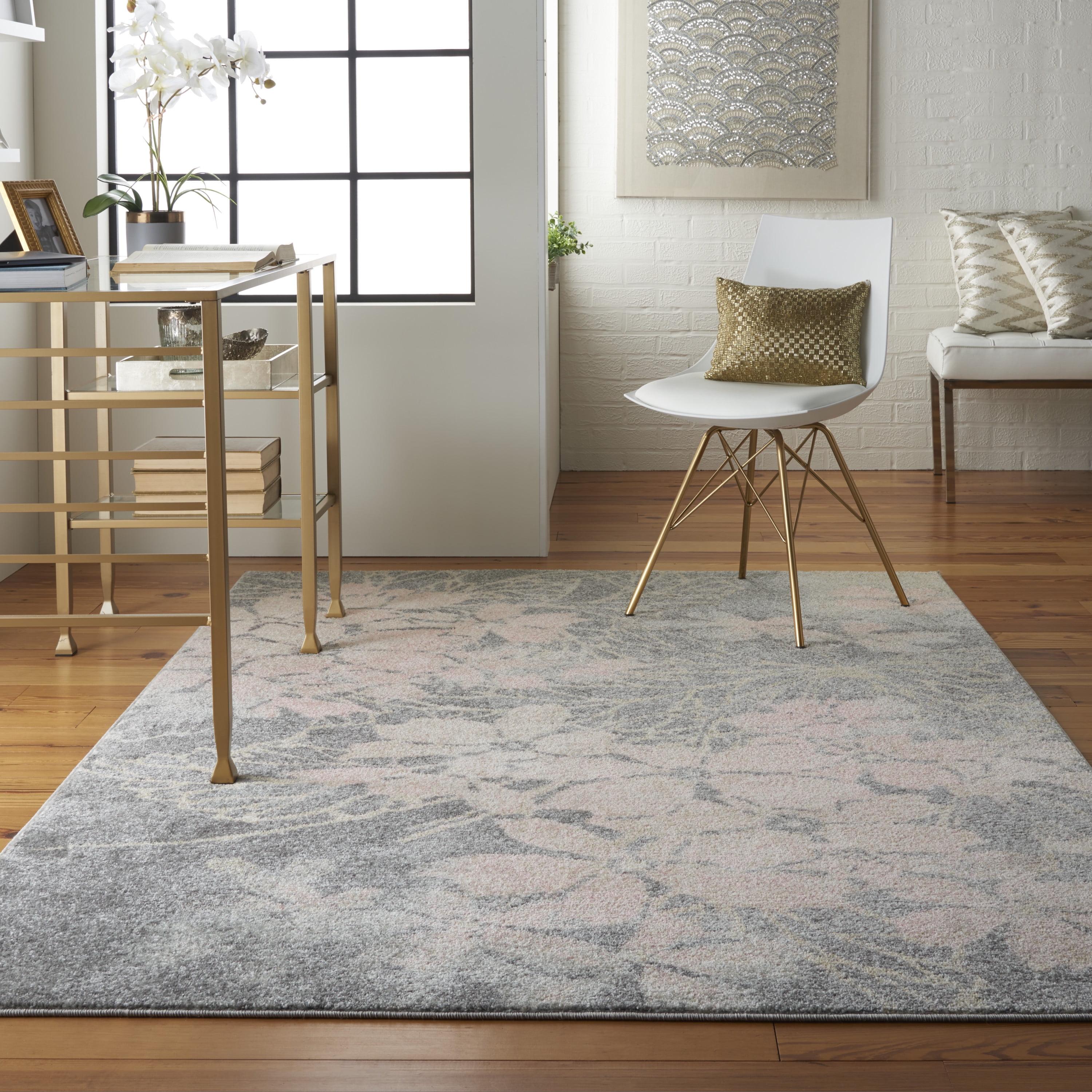 Grey and Pink Floral Synthetic 4' x 6' Area Rug