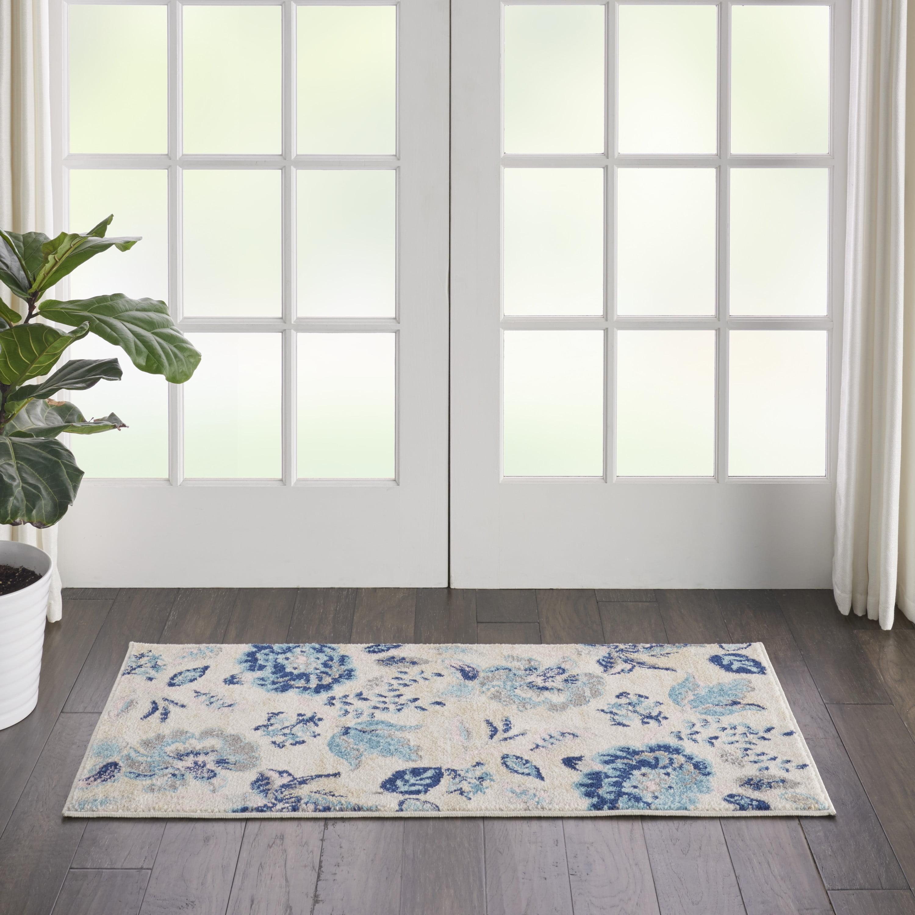 Elegant Ivory & Light Blue Floral Synthetic Area Rug 2' x 4'