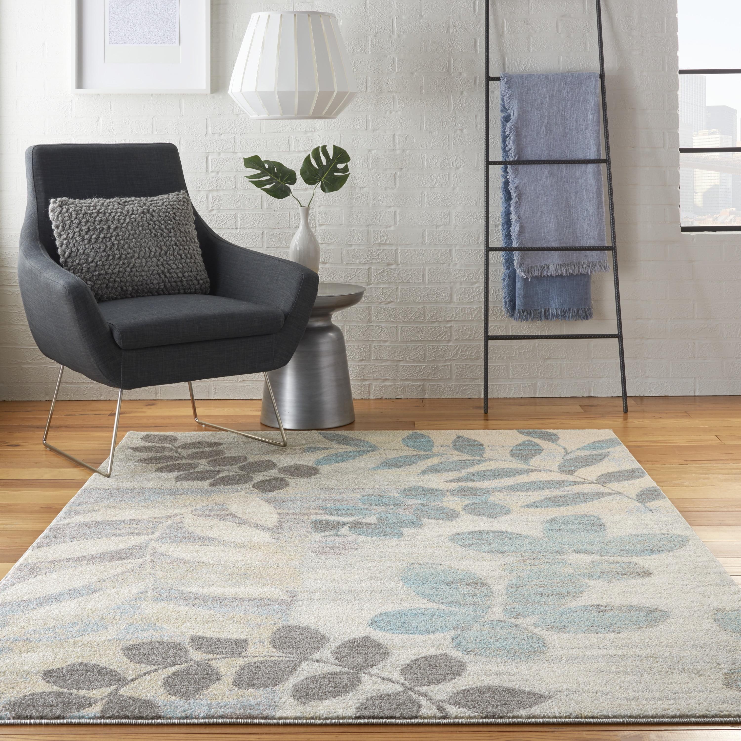 Ivory and Light Blue Floral Synthetic 4' x 6' Rug