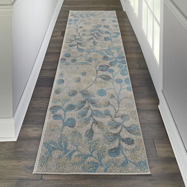 Nourison Tranquil 2'3" X 7'3" (7' Runner) Ivory/Turquoise Area Rug Contemporary Botanical Vine and Bloom by Nourison