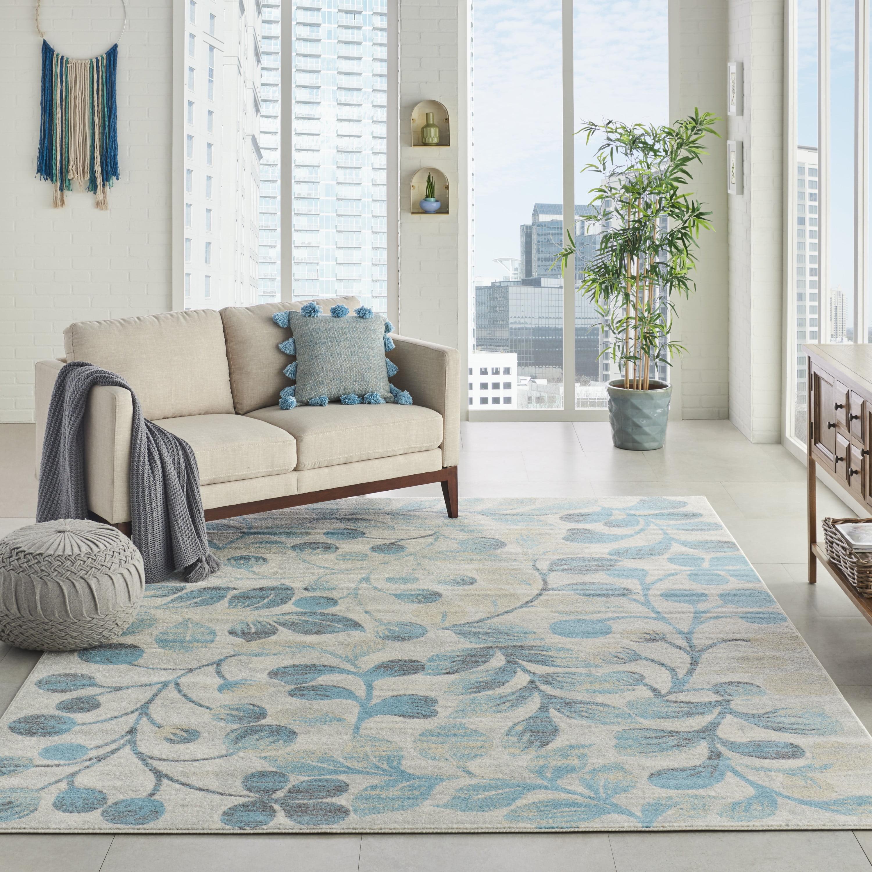 Nourison Tranquil 8'10" X 11'10" (9' x 12') Ivory/Turquoise Area Rug Contemporary Botanical Vine and Bloom by Nourison