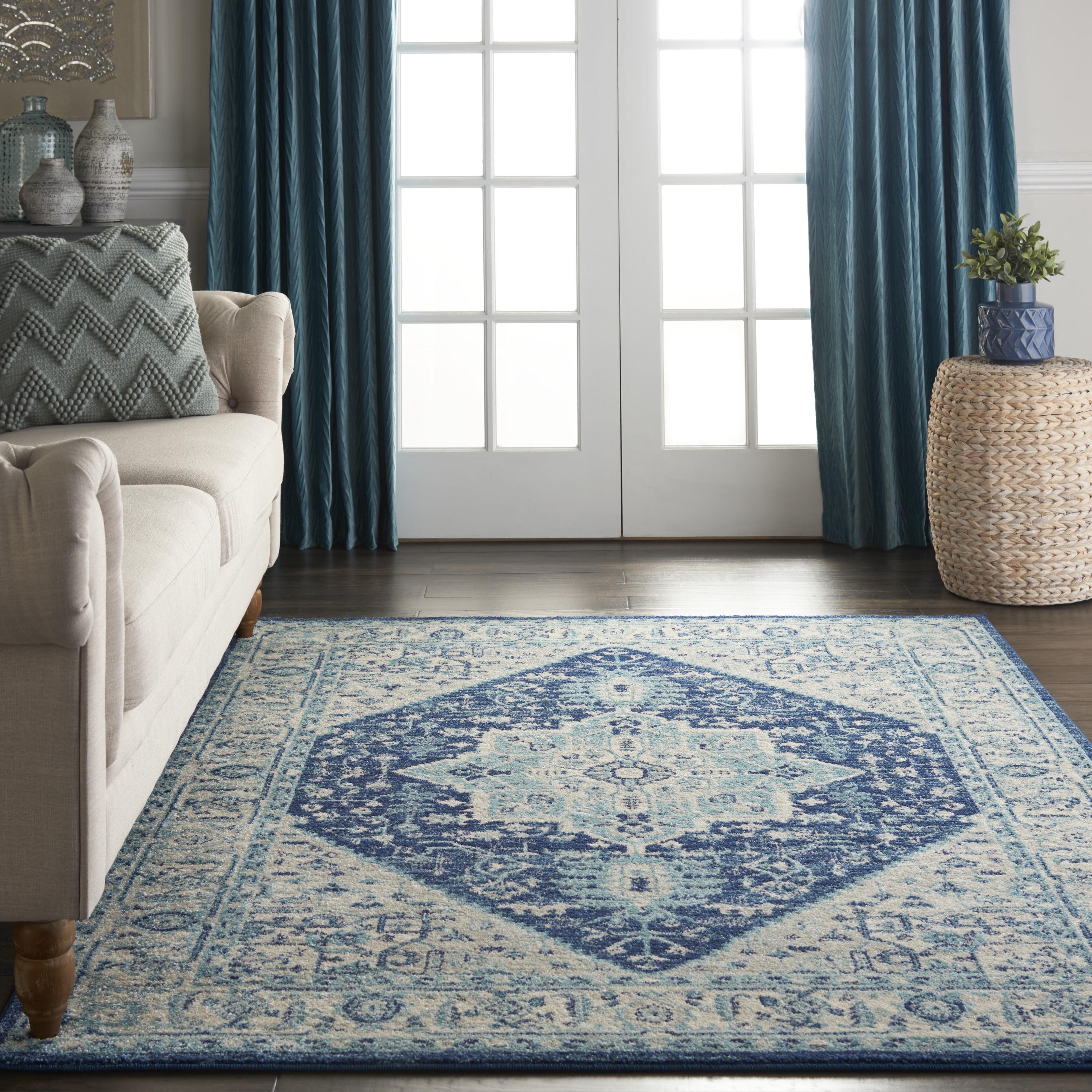 Ivory and Navy Synthetic 5' x 7' Rectangular Area Rug