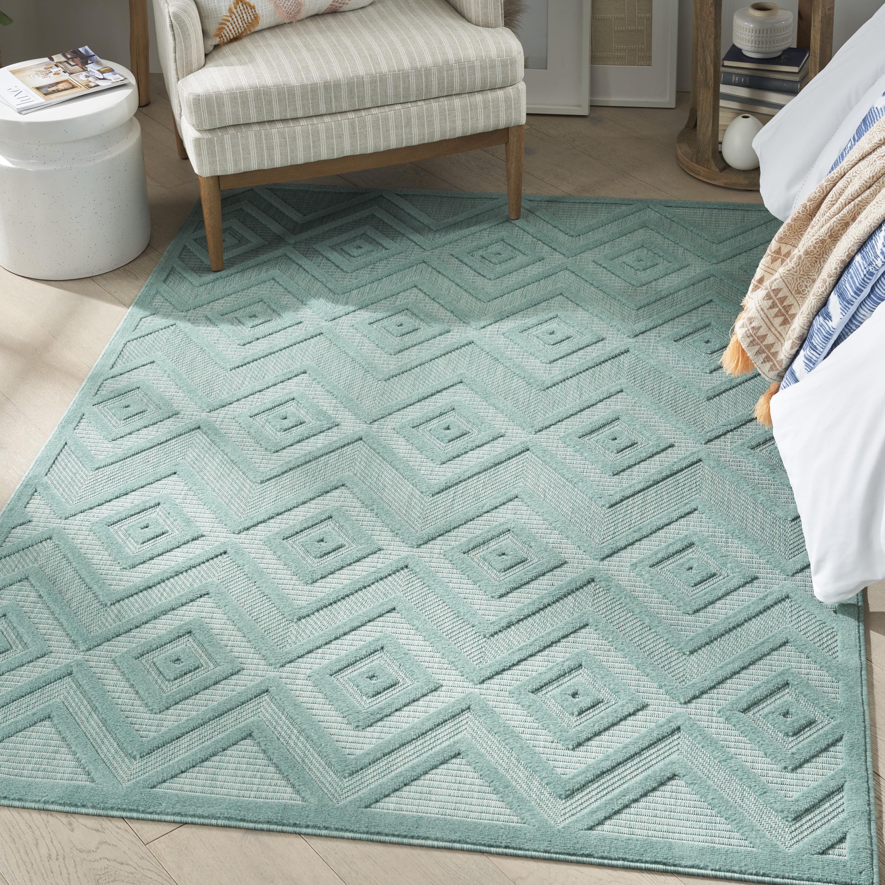 Aqua Teal Diamond 5' x 7' Easy-Care Synthetic Outdoor Rug