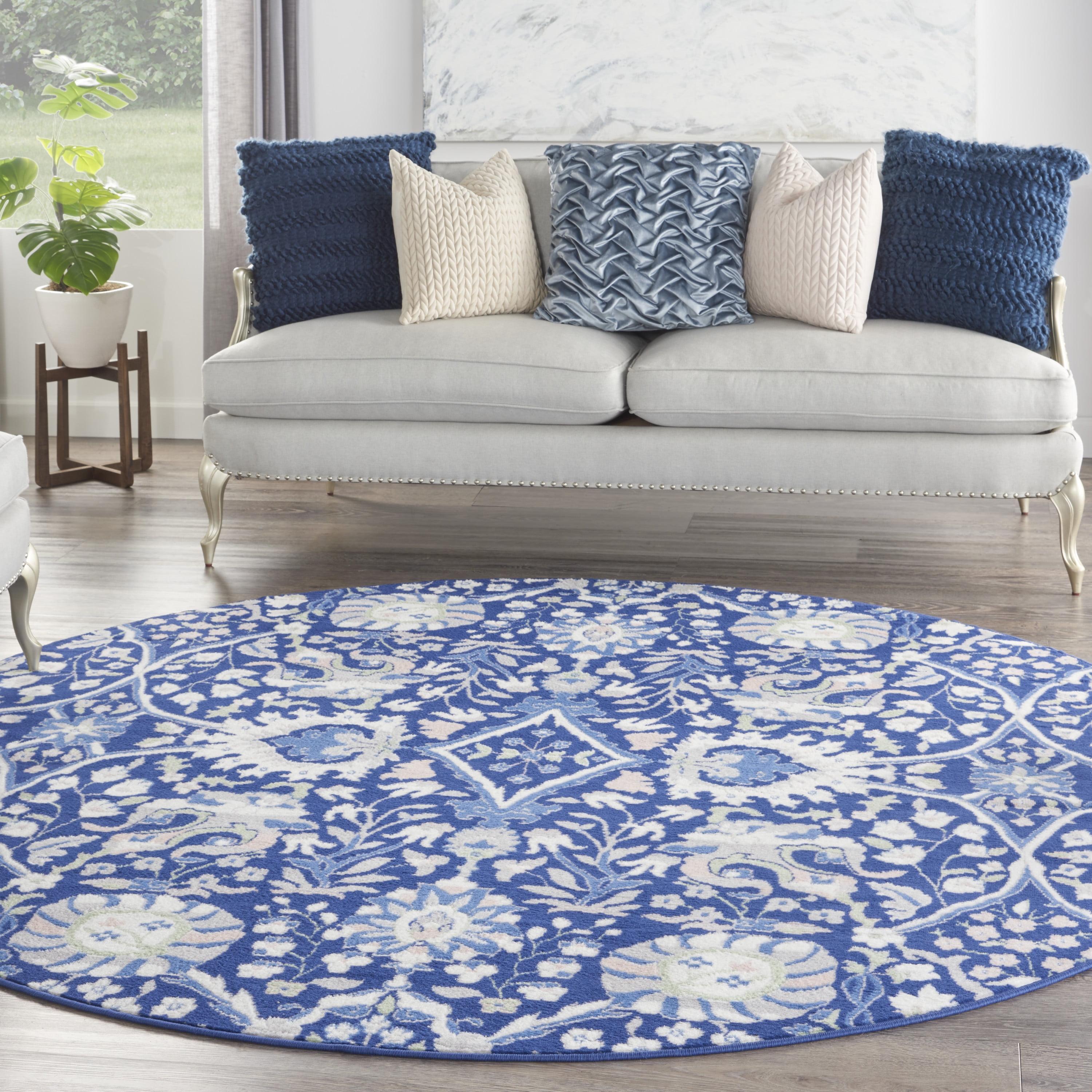 Navy Multicolor Floral Round 8' Synthetic Area Rug