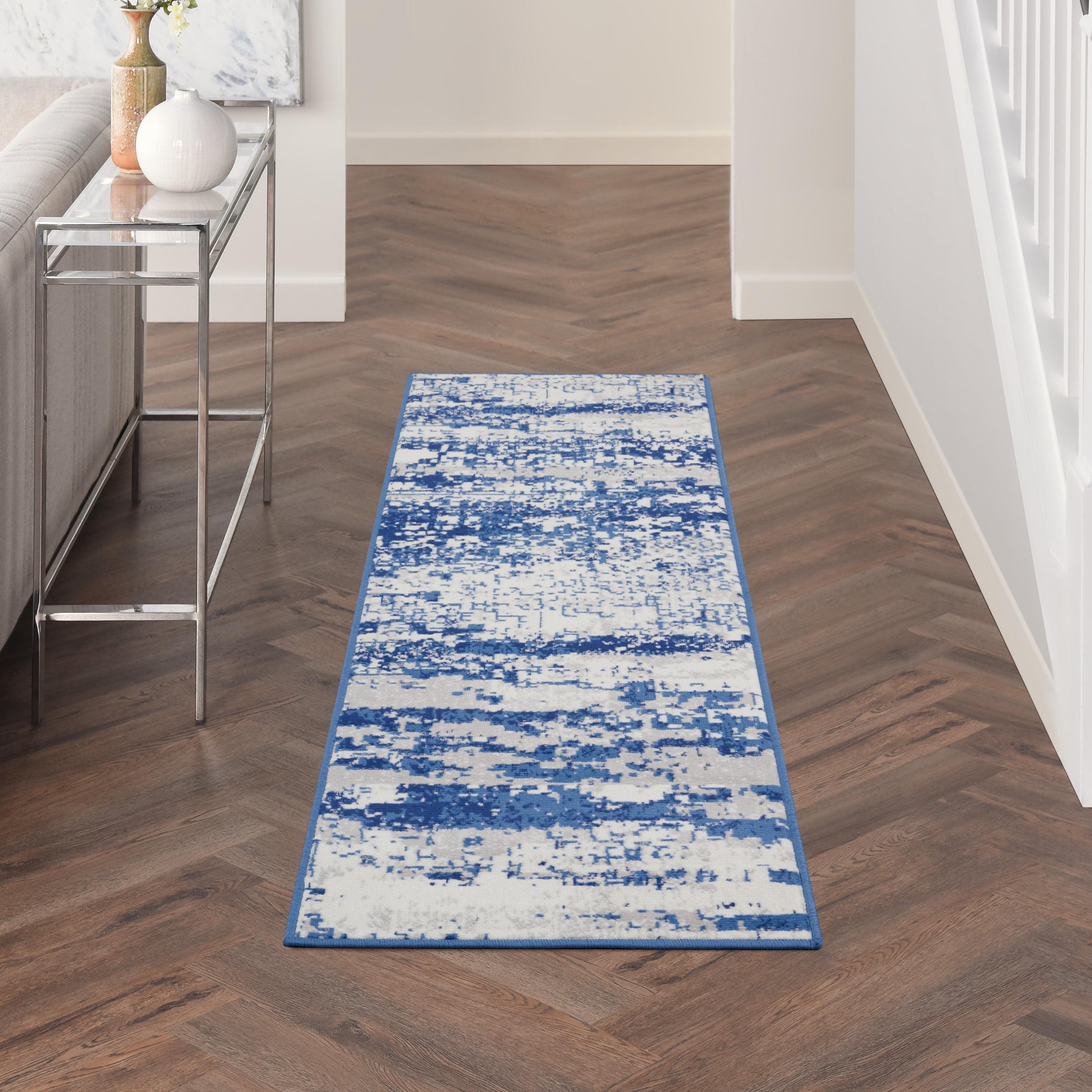 Ivory and Navy Abstract Synthetic Runner Rug