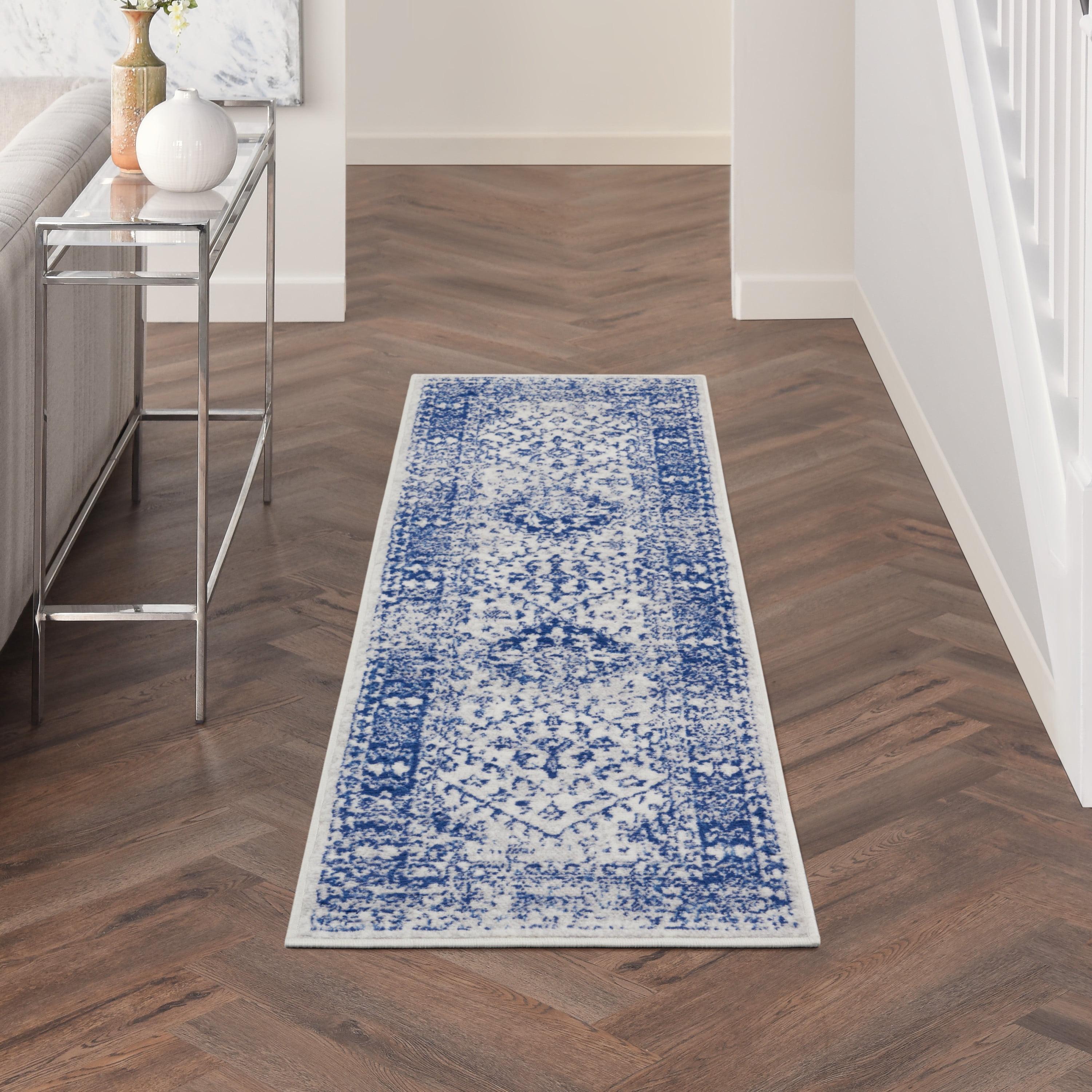 Ivory and Navy Geometric Flat Woven Runner Rug