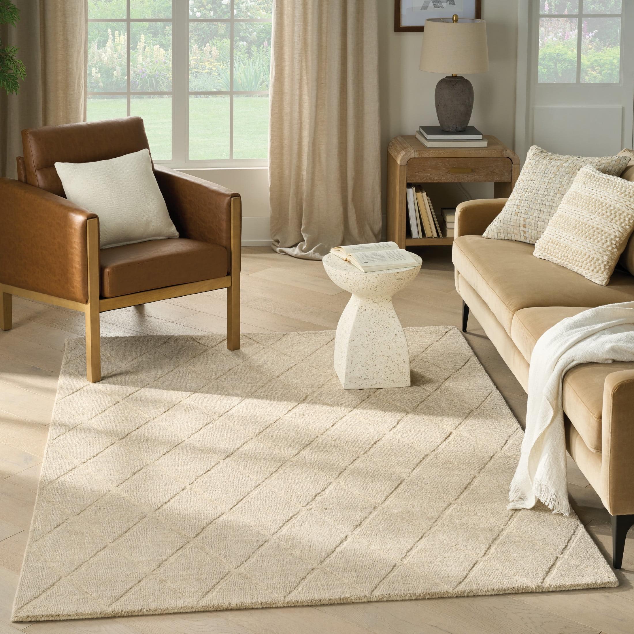 Nourison 5'3"x7'3" Wool Haven Modern Handwoven Area Rug Beige: Geometric Diamond Pattern, Medium Pile, Hand-Carved