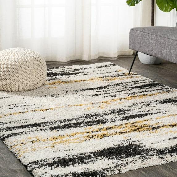 8'x10' Nova Modern Bold Strie' Shag Area Rug, Beige/Black/Yellow - JONATHAN Y