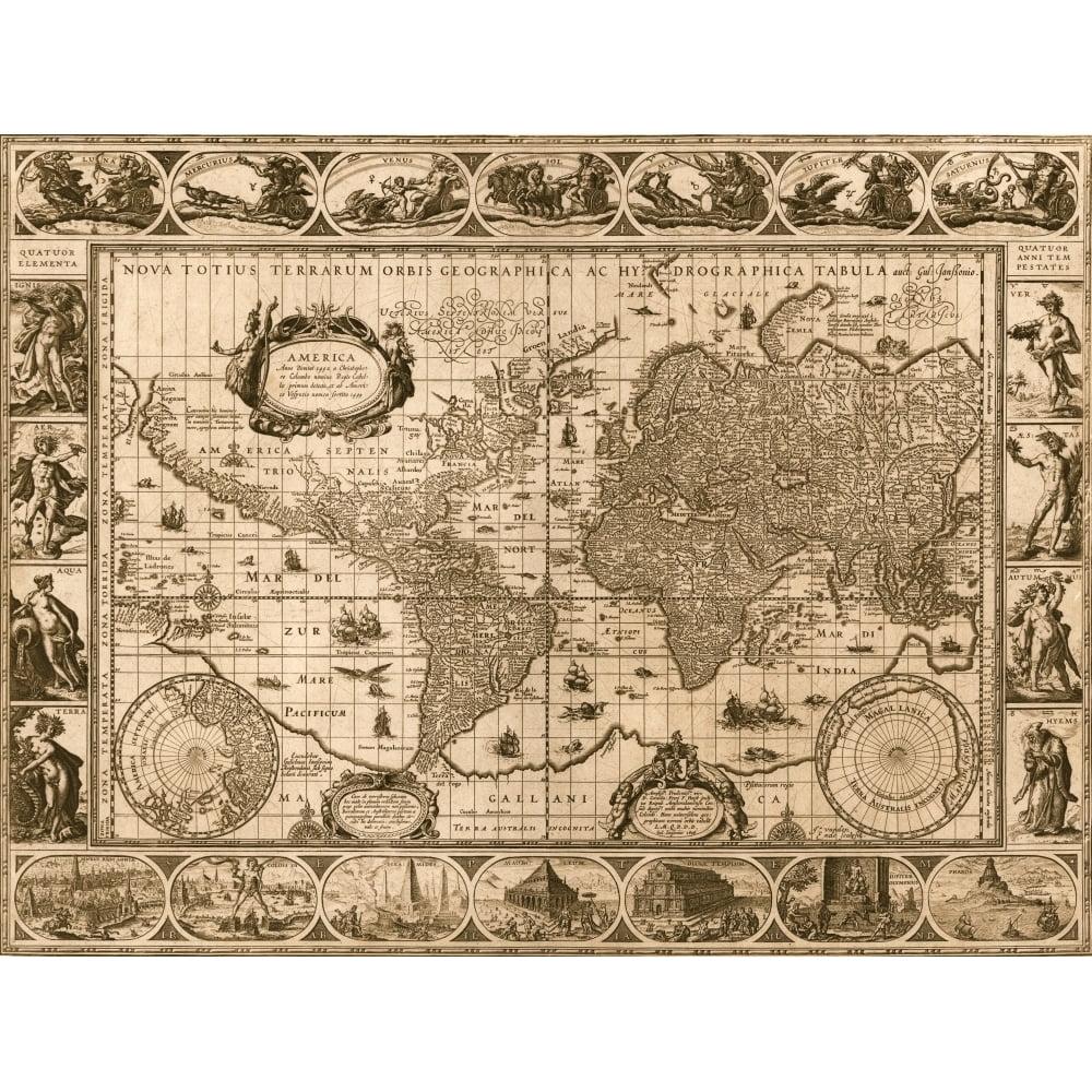 Antique 1606 World Map Poster Print in Sepia Tones