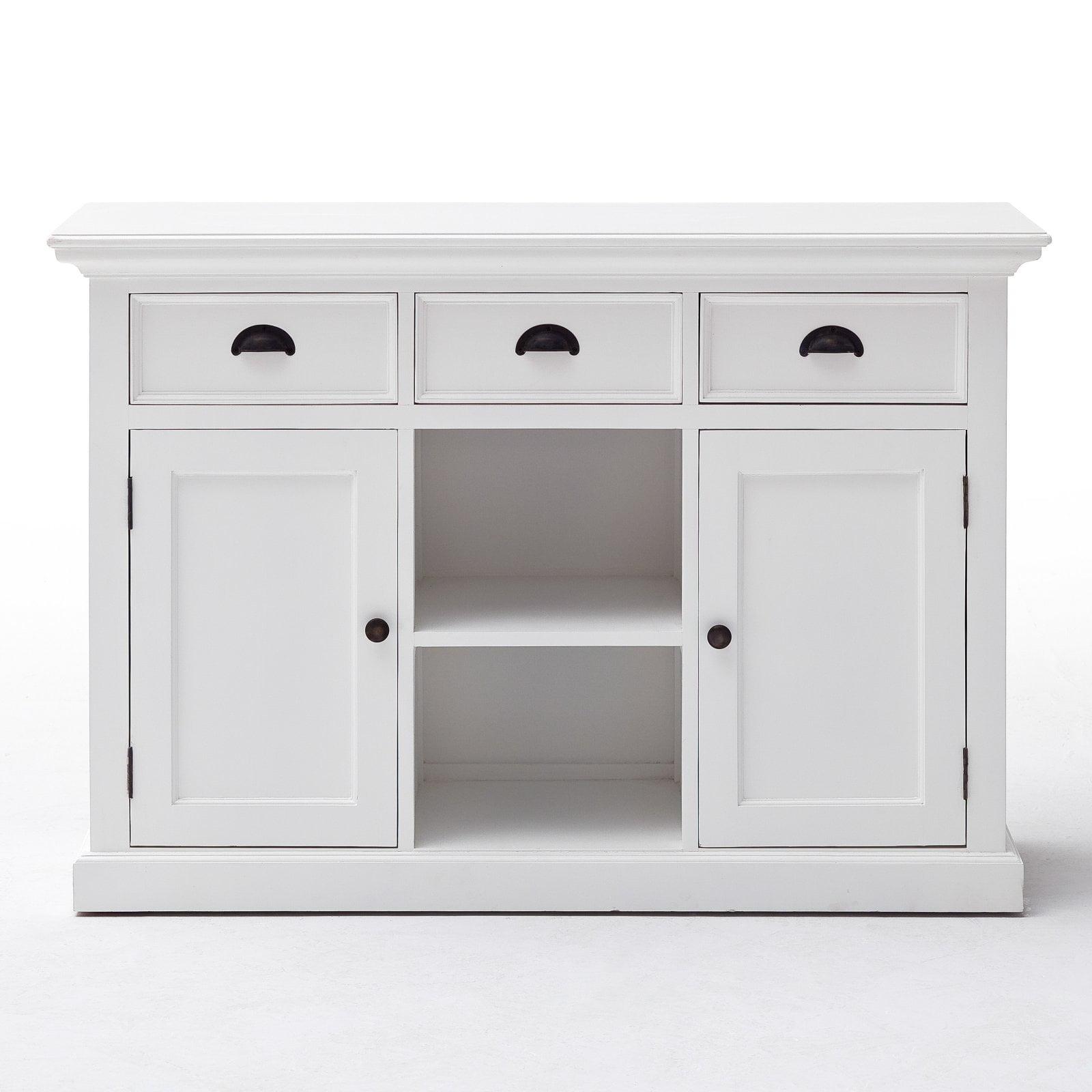 Classic Halifax Pure White Buffet with Hand-Woven Baskets and Shelves