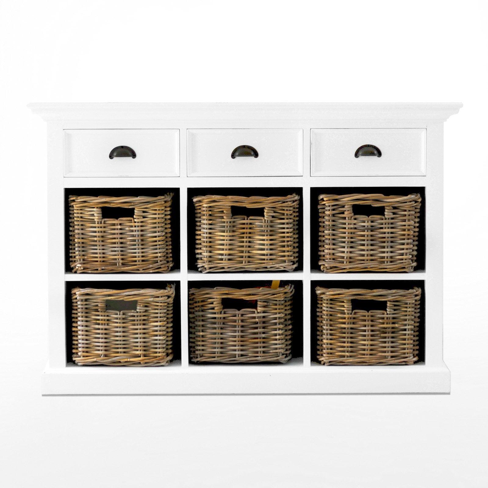White Mahogany Buffet with Rattan Baskets and Drawers
