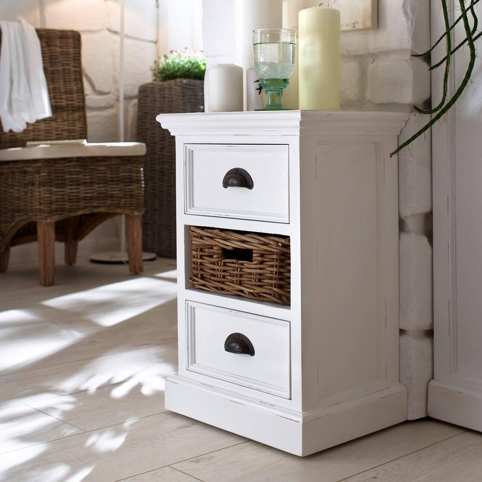 Coastal Charm White Semi-Gloss Mahogany Bedside Unit with Handwoven Rattan Basket