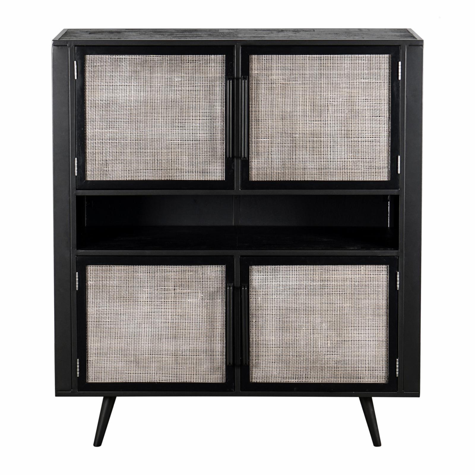 Nordic Black Painted Buffet with Handwoven Rattan Doors & Shelving