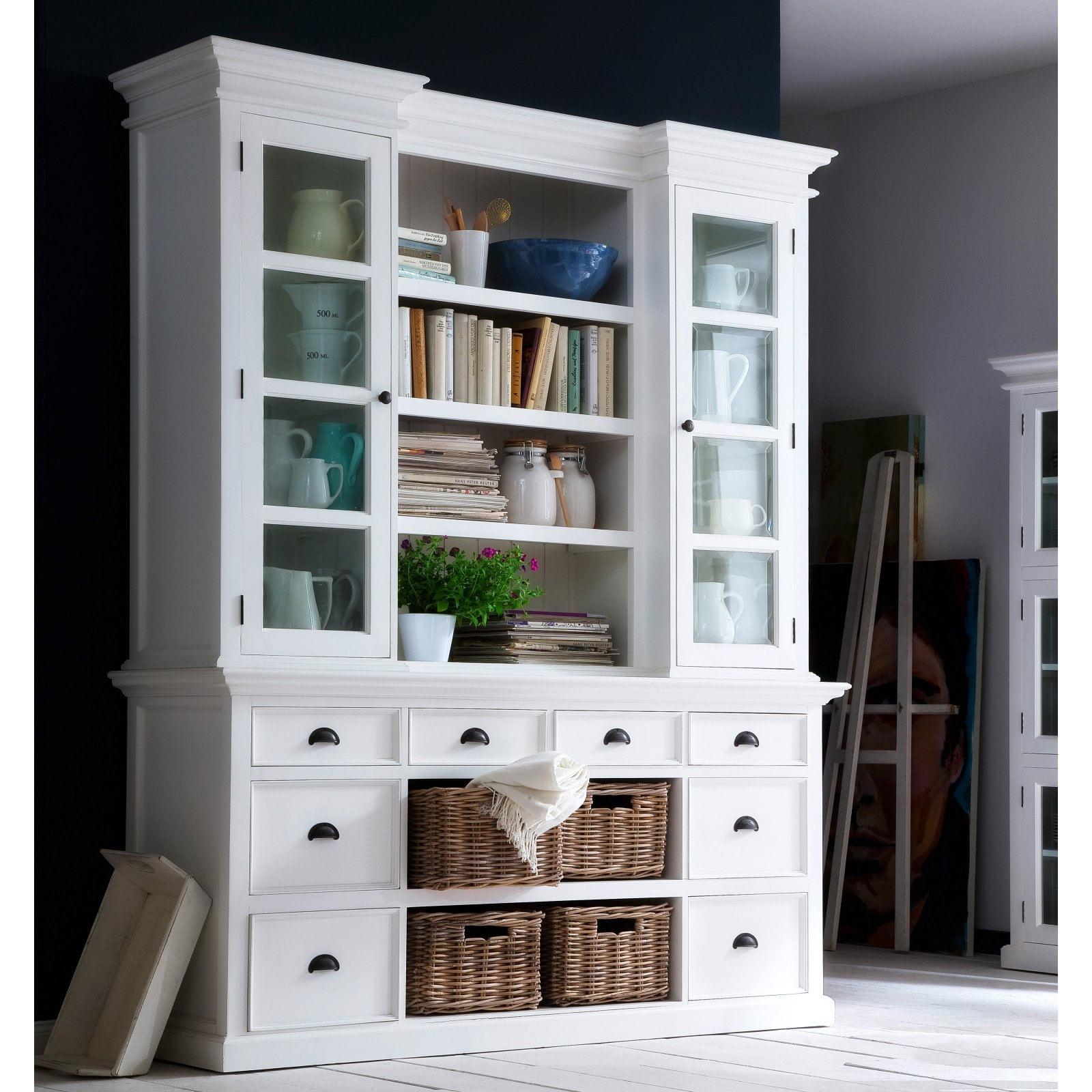 Halifax Mahogany and White Solid Wood Library Hutch with Glass Doors