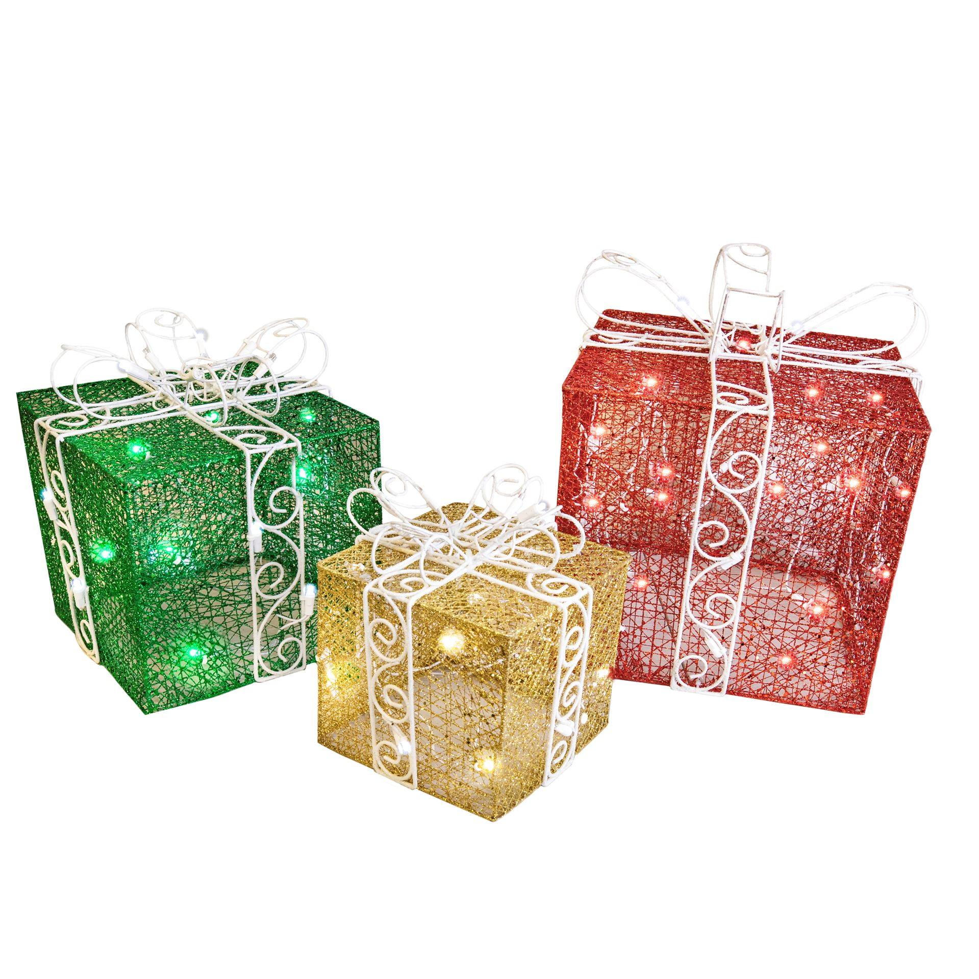 Novelty Lights LED Pre-Lit Red/Green/Gold Gift Boxes at Christmas for Under Tree Decoration, 70 lights, Red/Green/Warm/Pure White (Twnkle), Set of 3