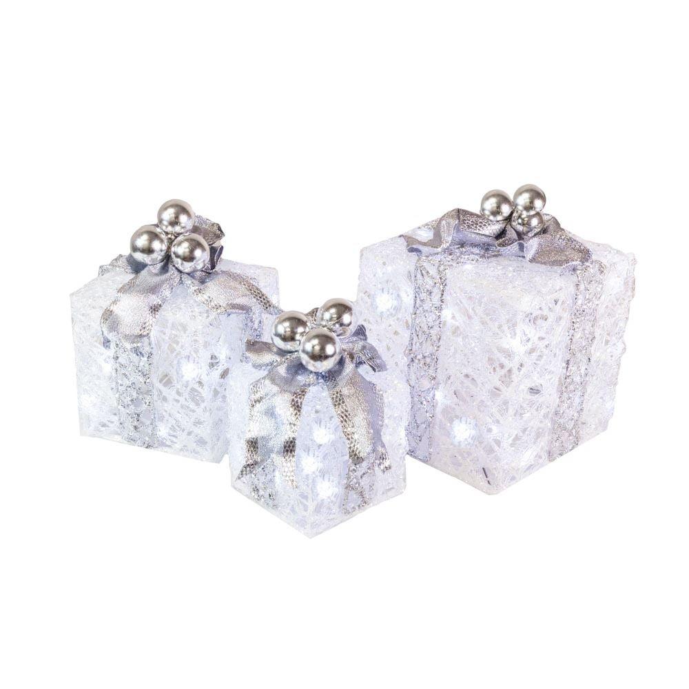 Novelty Lights LED Pre-Lit Twinkle Glittered White Gift Boxes at Christmas for Under Tree Decoration, 70 lights, Pure White, Set of 3