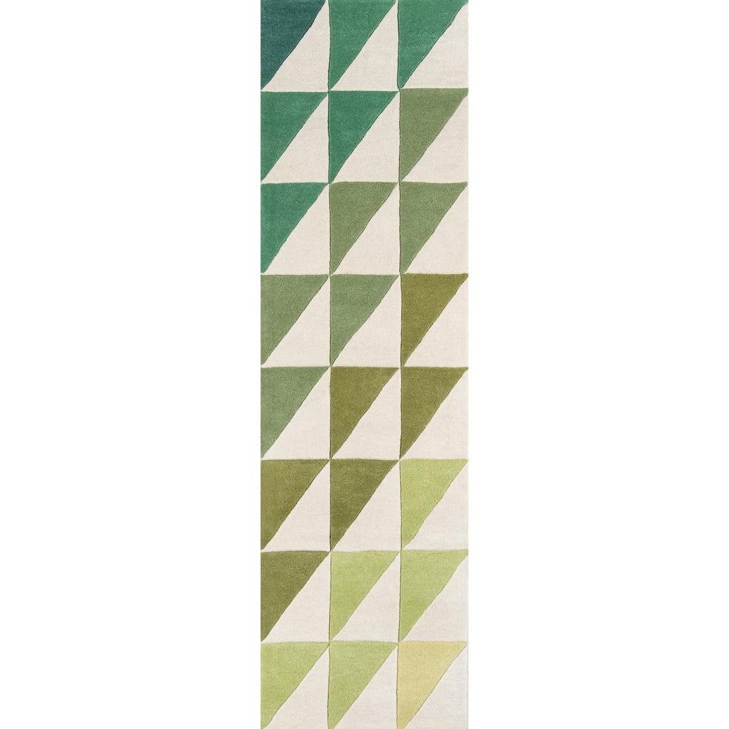 Lime Green and White Wool Hand-Tufted Runner Rug