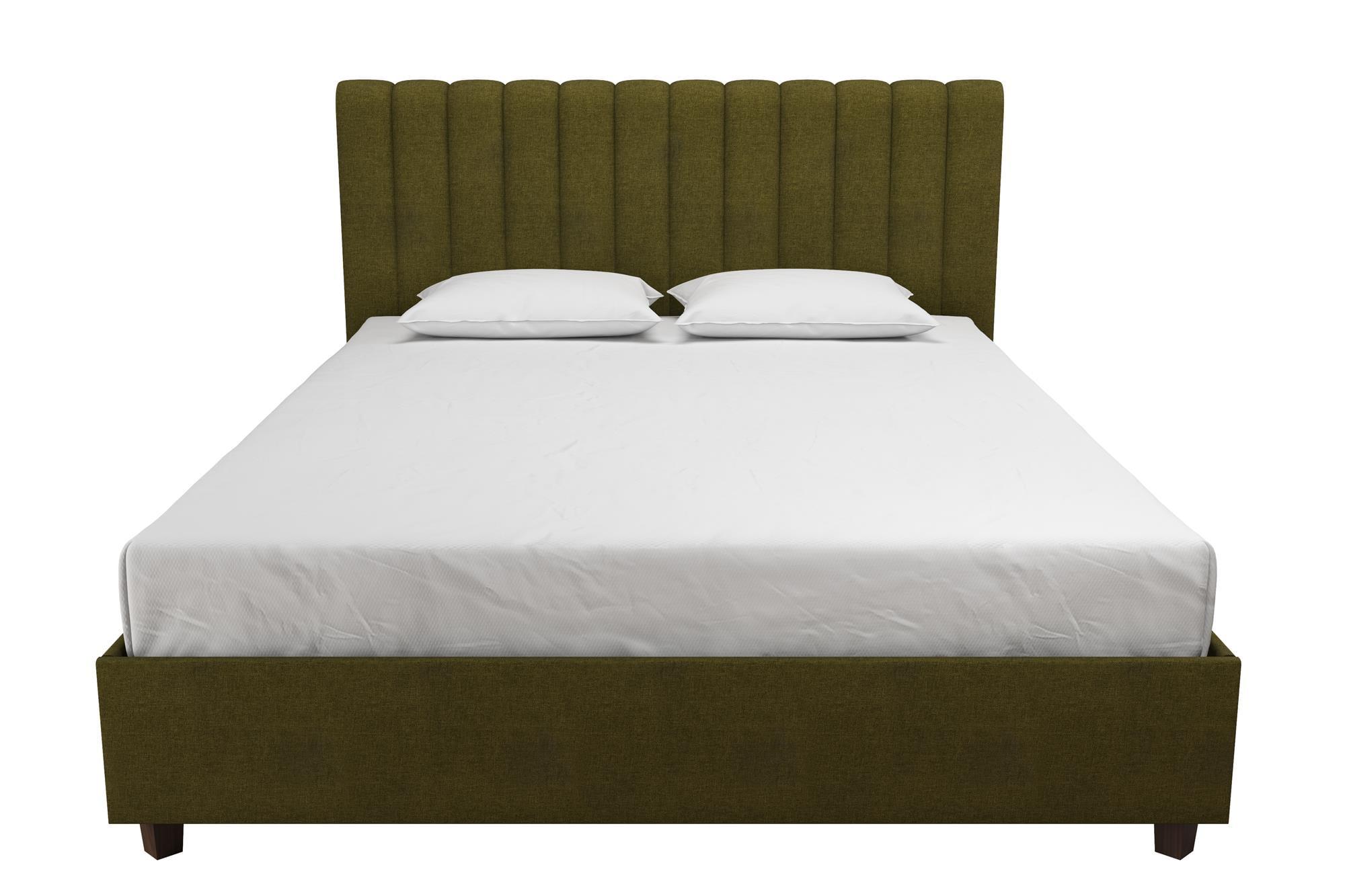 Green Linen Upholstered Queen Platform Bed with Oak Legs