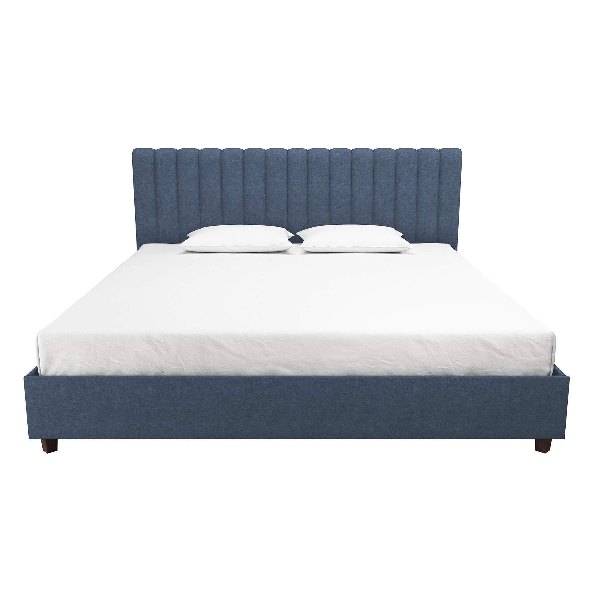 Brittany Blue Linen King Upholstered Platform Bed with Tufted Headboard