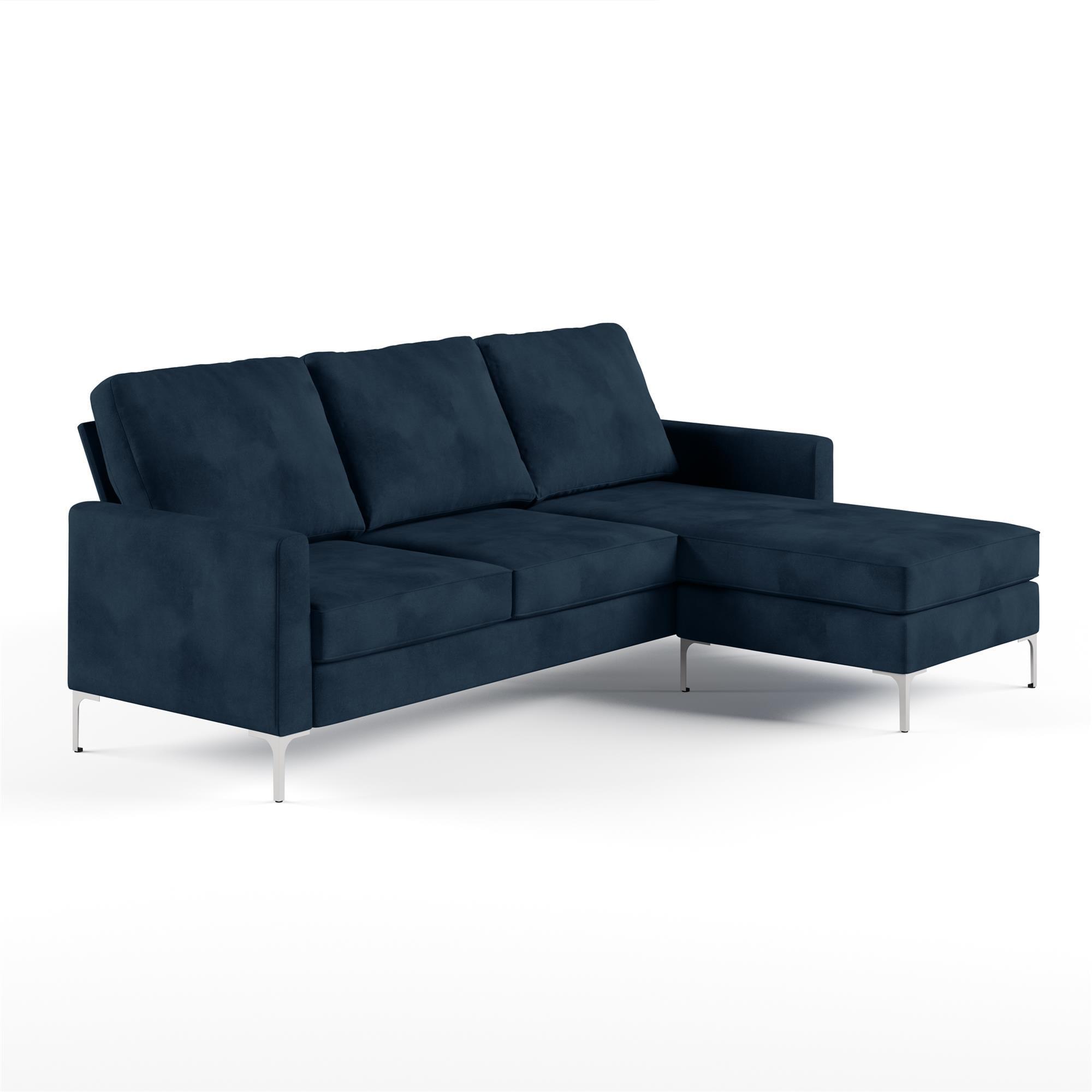 Blue Velvet Two Piece Sectional Sofa with Chrome Legs